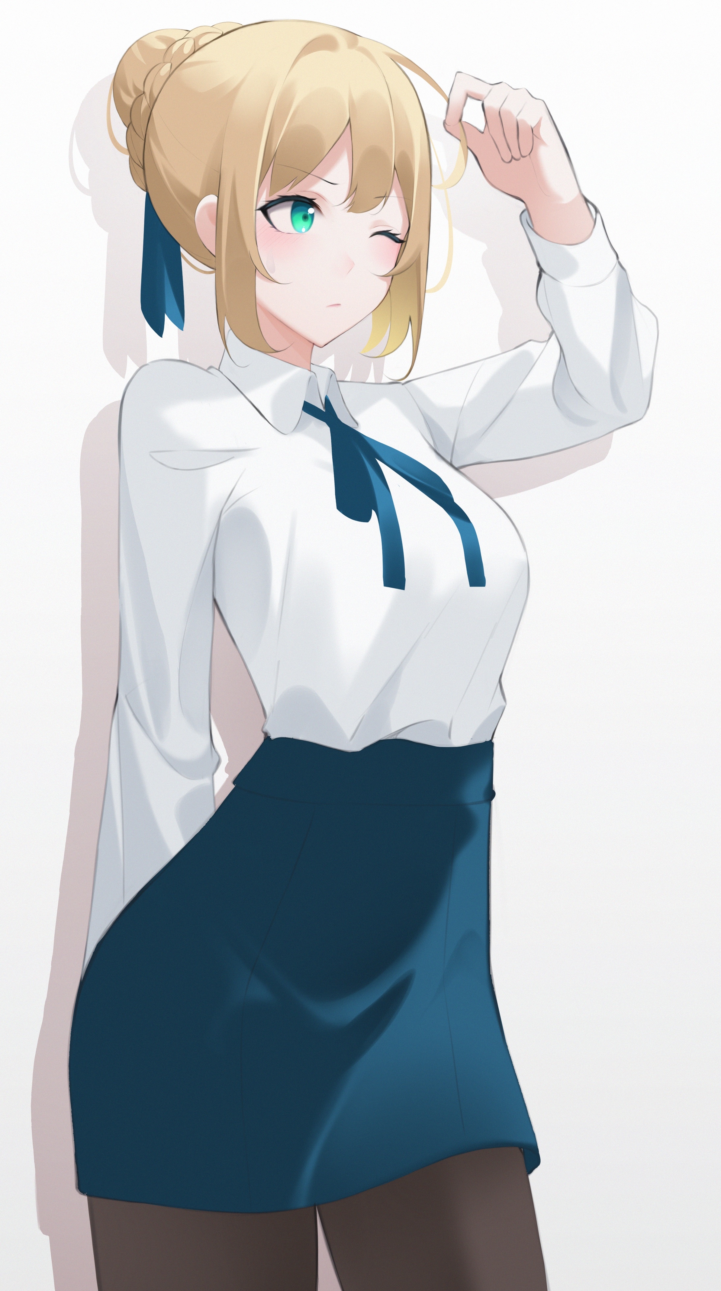 Artoria Pendragon from Fate series in white shirt and blue skirt HD Phone Wallpaper