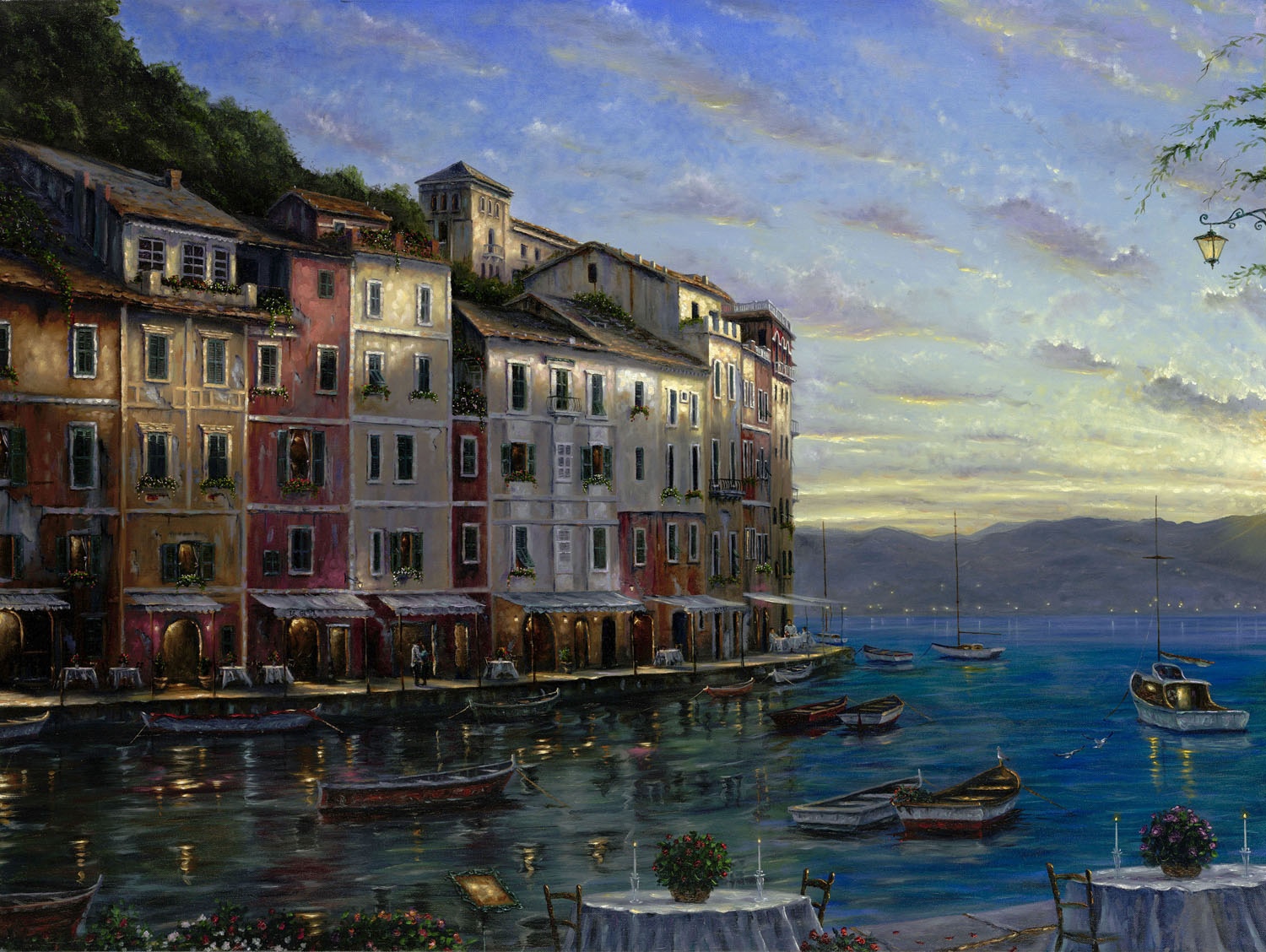 Painting of boats docked by colorful buildings at sunset HD Wallpaper