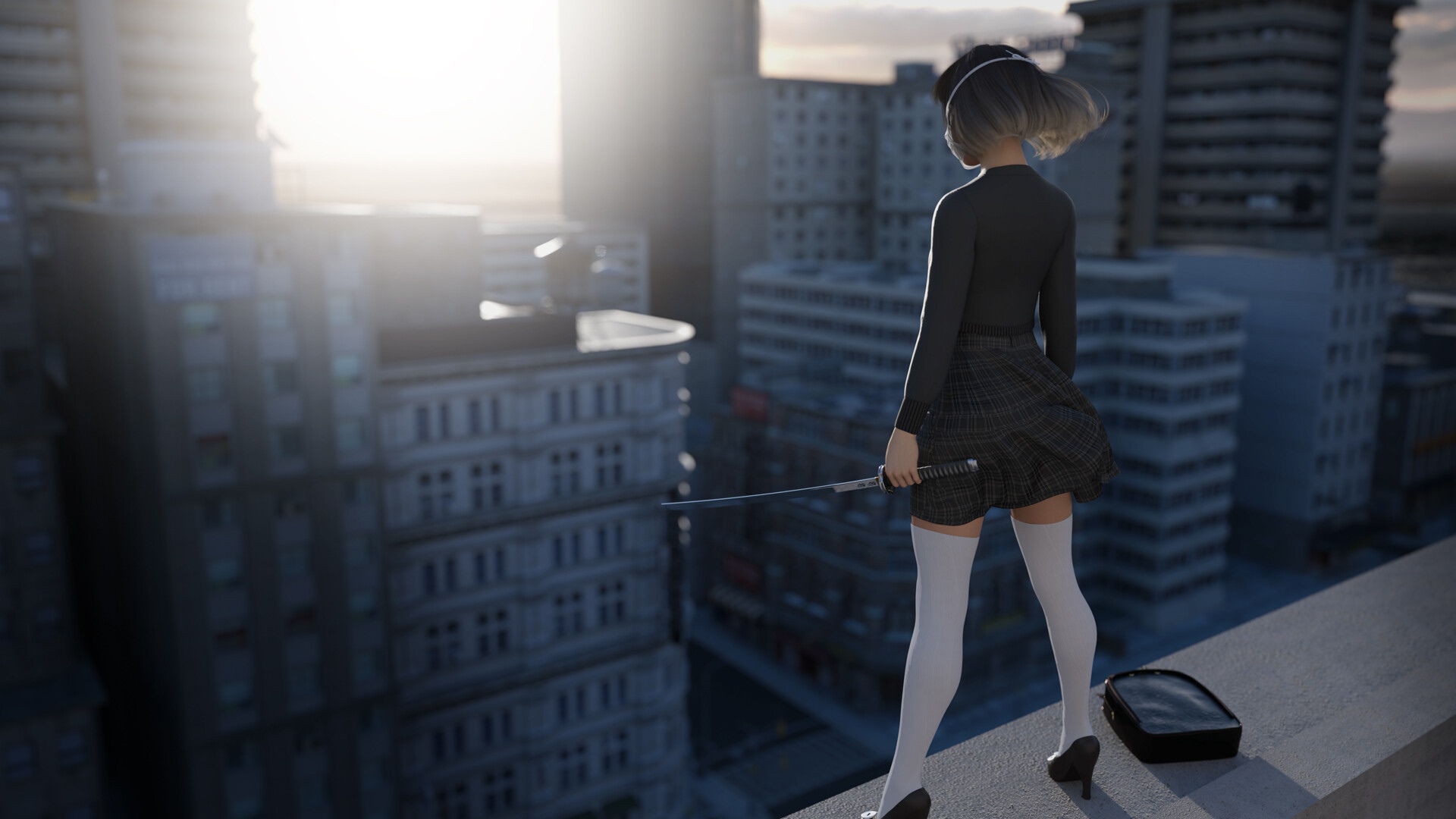 Woman with Katana on City Rooftop HD Wallpaper