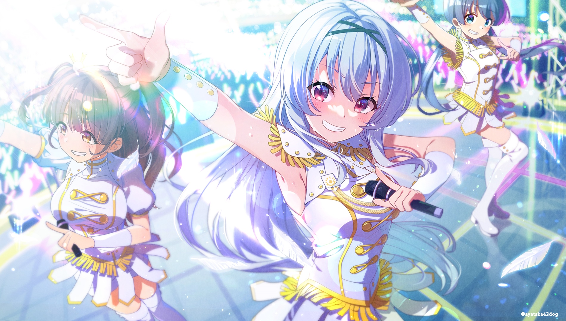Three anime girls performing on stage with microphones HD Wallpaper