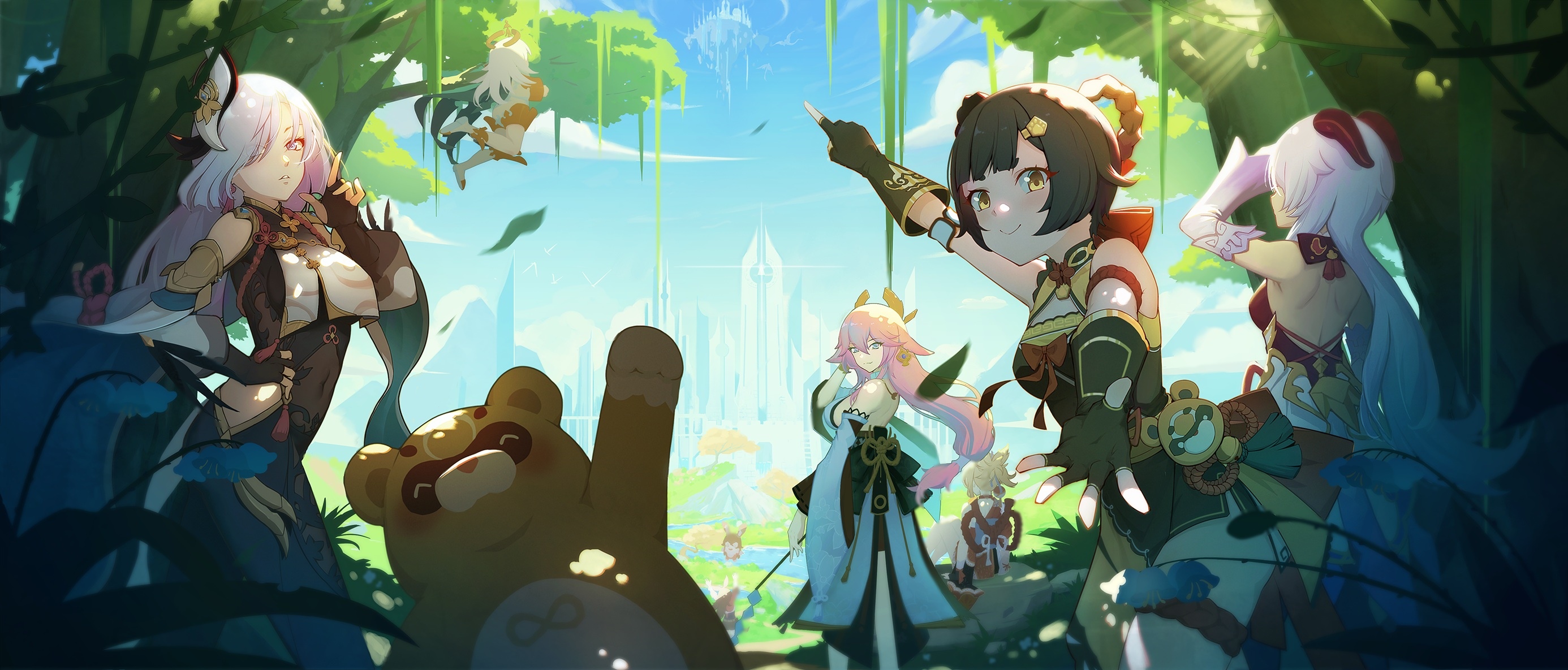 Genshin Impact characters Shenhe, Xiangling, Ganyu, Yae Miko HD Wallpaper