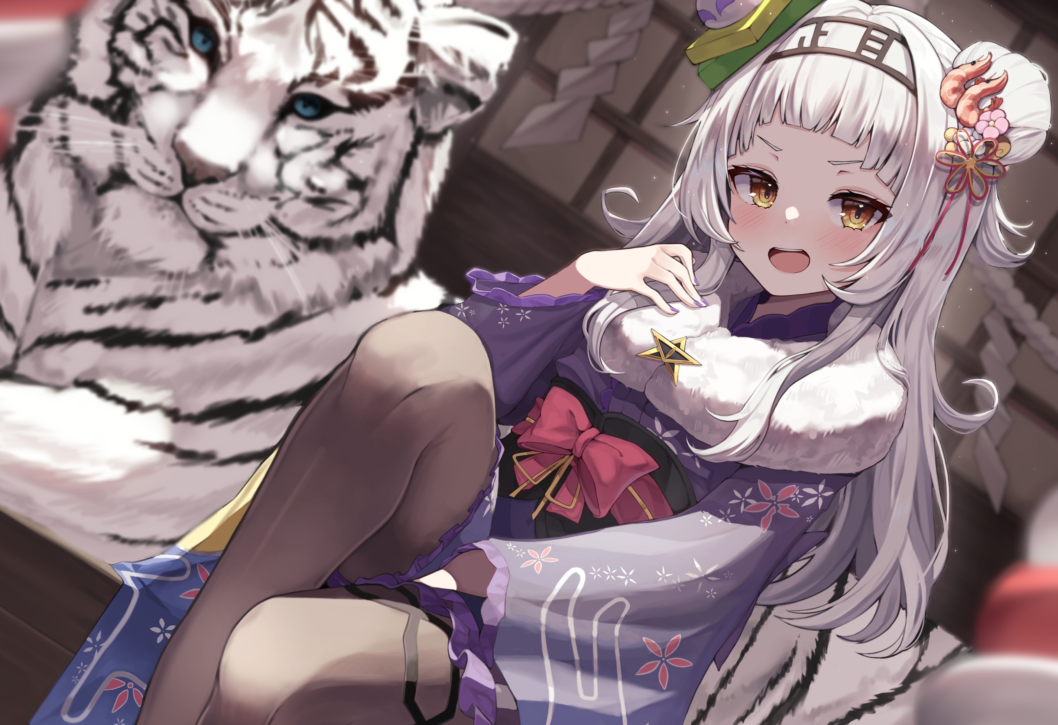 Anime girl in kimono with white tiger HD Wallpaper