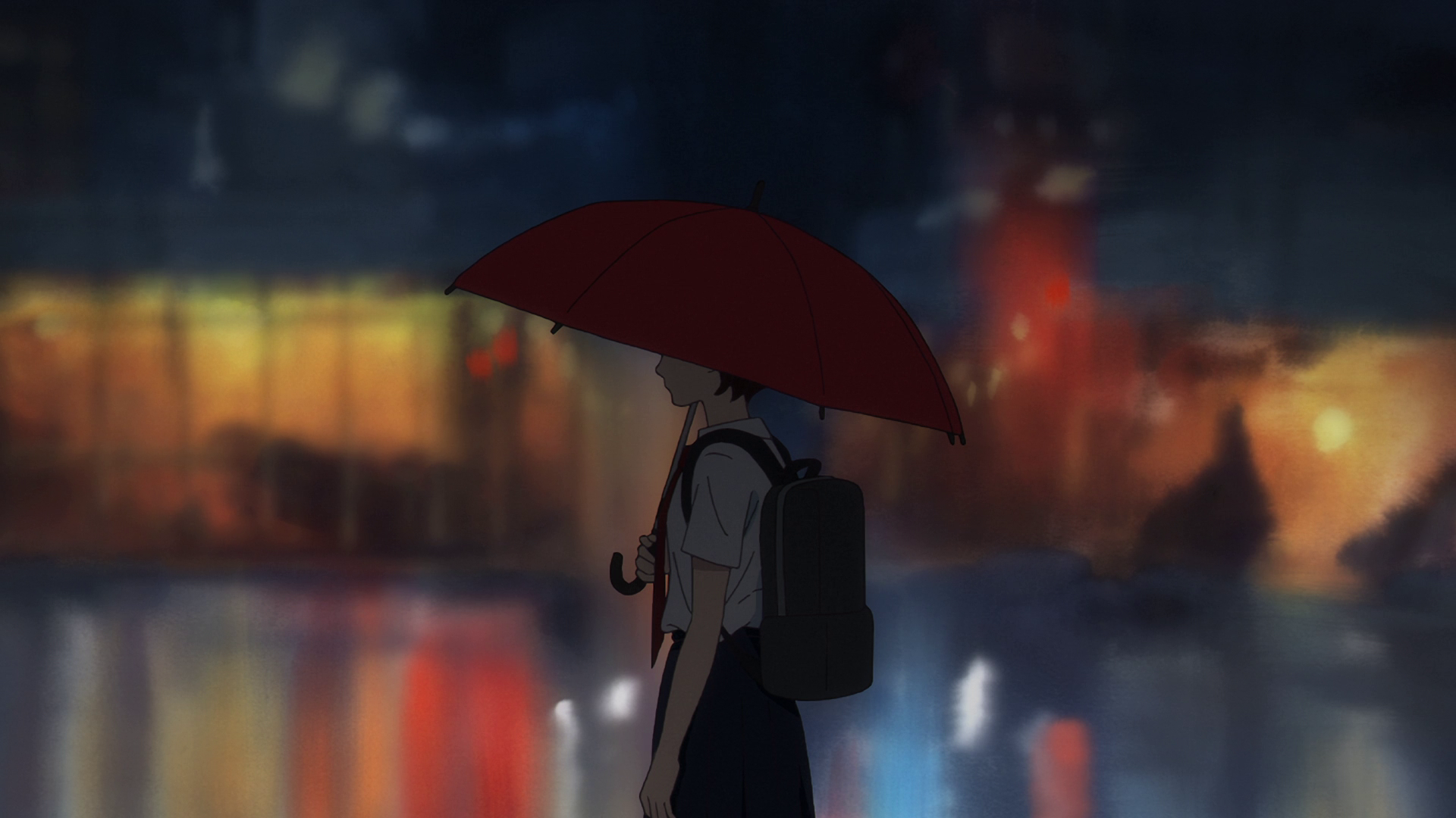 Mizuho Nagara with a red umbrella at night HD Wallpaper