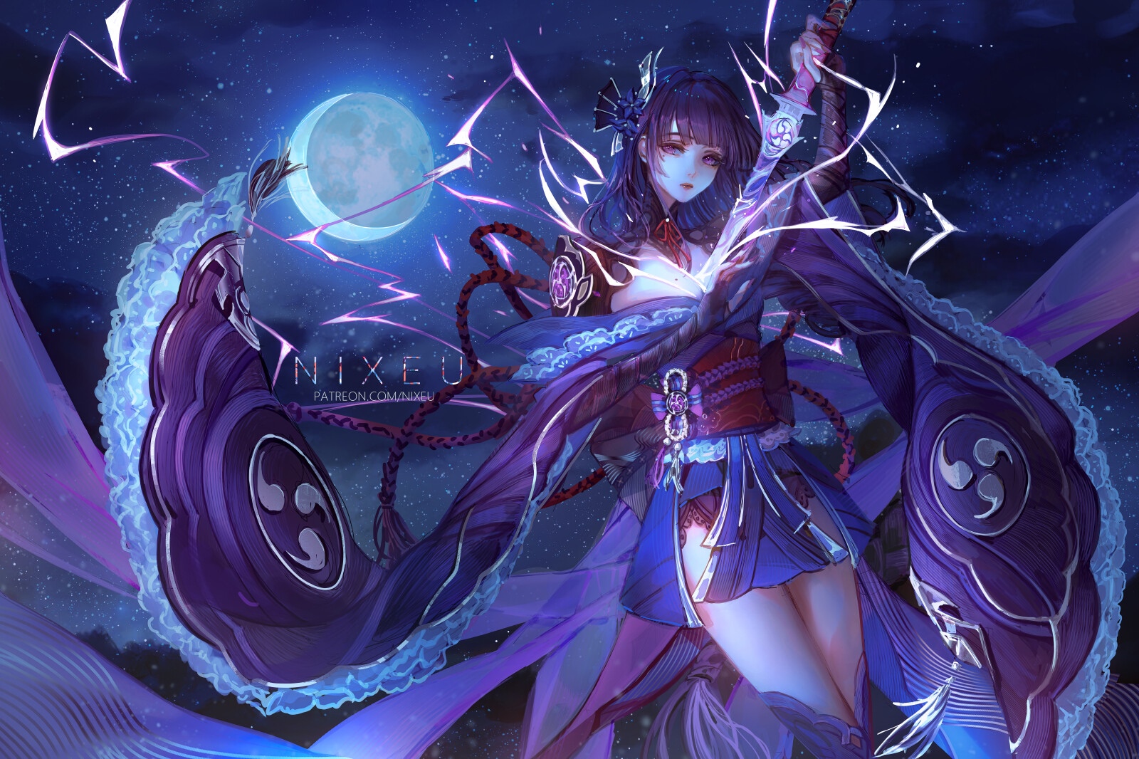 Raiden Shogun with Sword Under the Moon HD Wallpaper