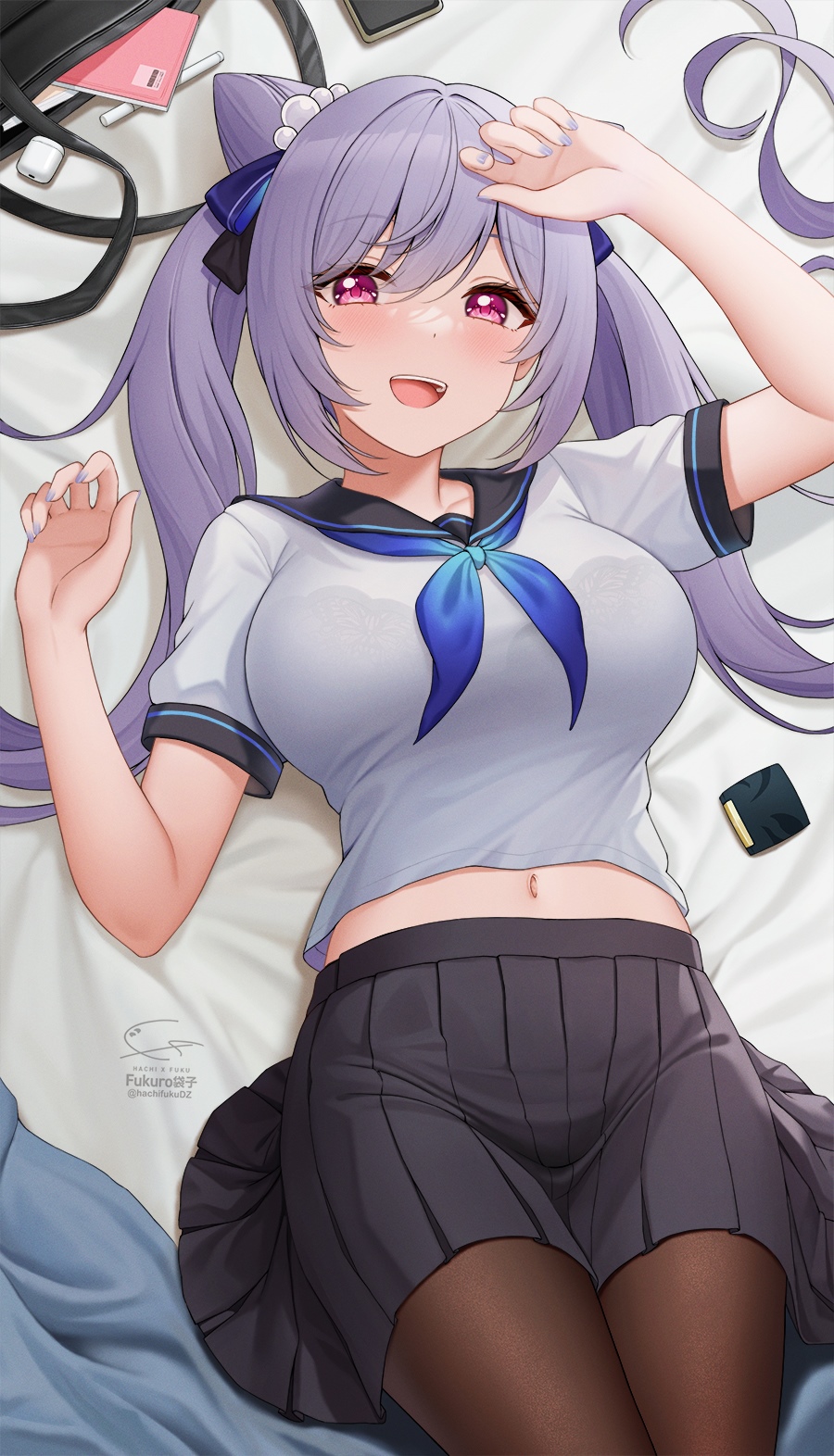 Keqing from Genshin Impact lying on a bed HD Phone Wallpaper