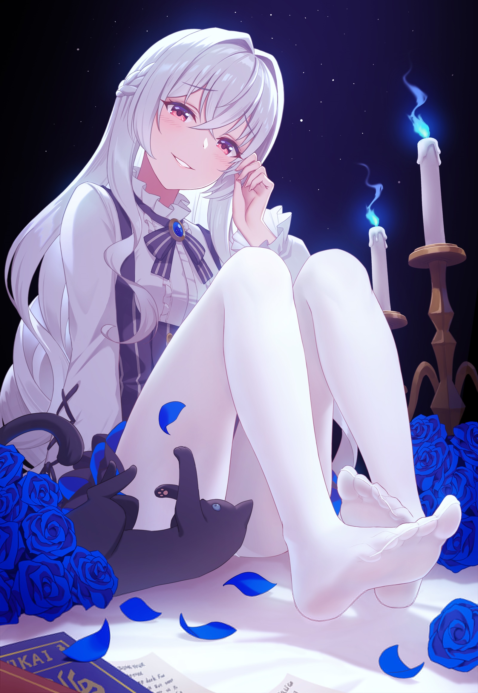 Honkai Impact 3rd: Kiana Kaslana with Black Cat and Blue Roses HD Phone Wallpaper