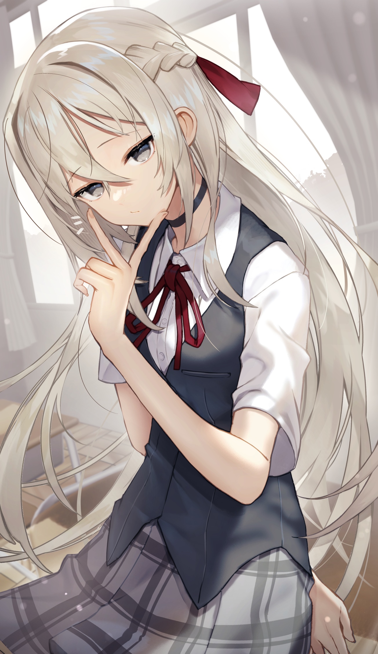 Anime girl in school uniform with long blonde hair HD Phone Wallpaper