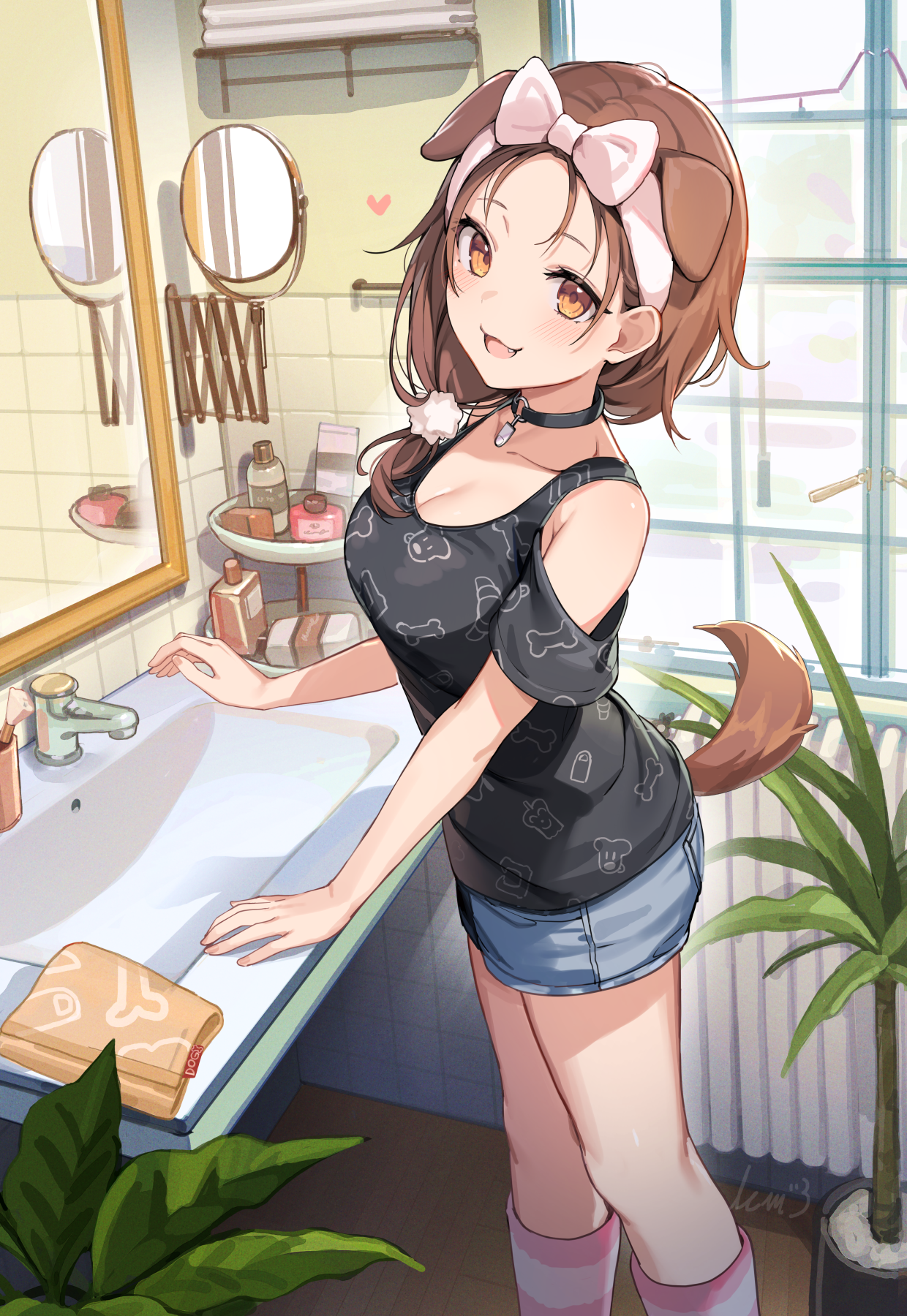Inugami Korone in a bathroom wearing dog ears and shorts HD Phone Wallpaper