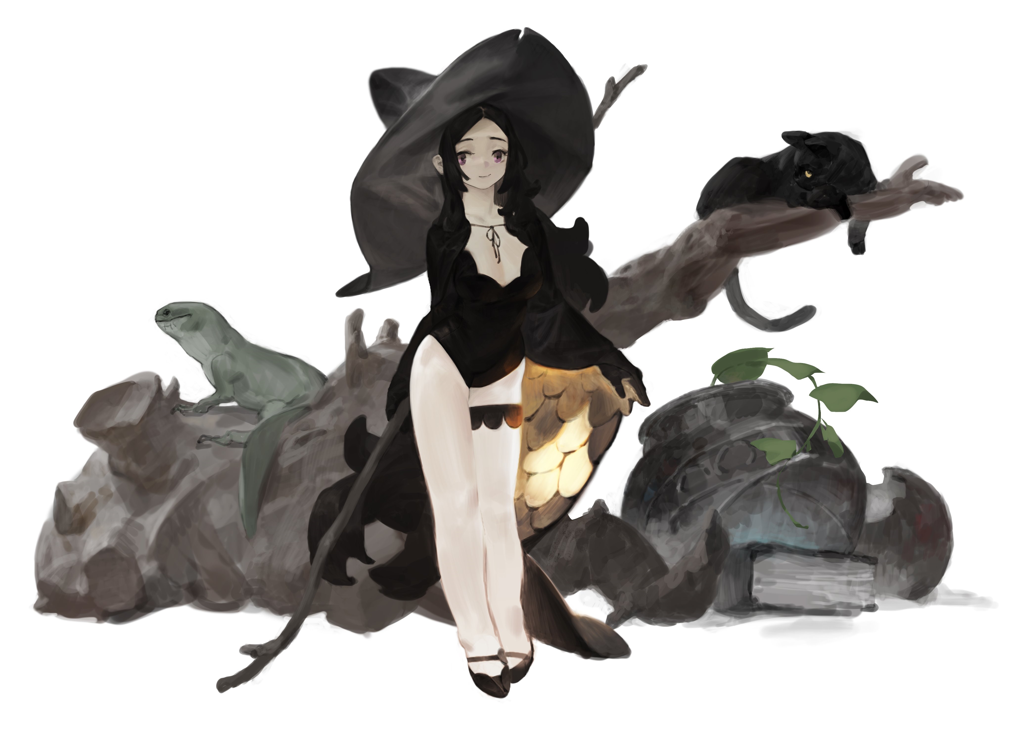 4K Witch with Black Cat and Lizard HD Wallpaper