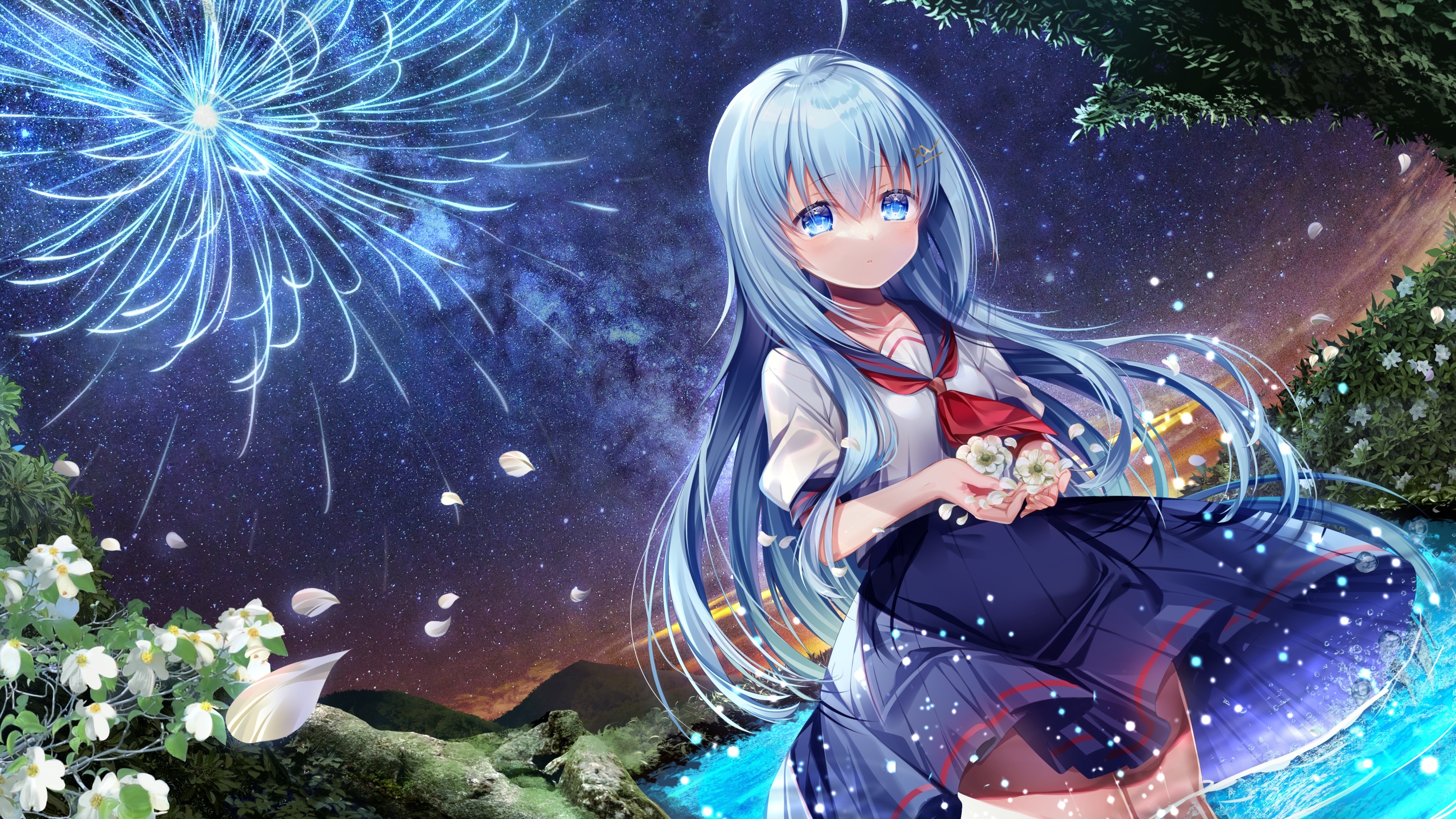 Anime girl with blue hair and fireworks HD Wallpaper
