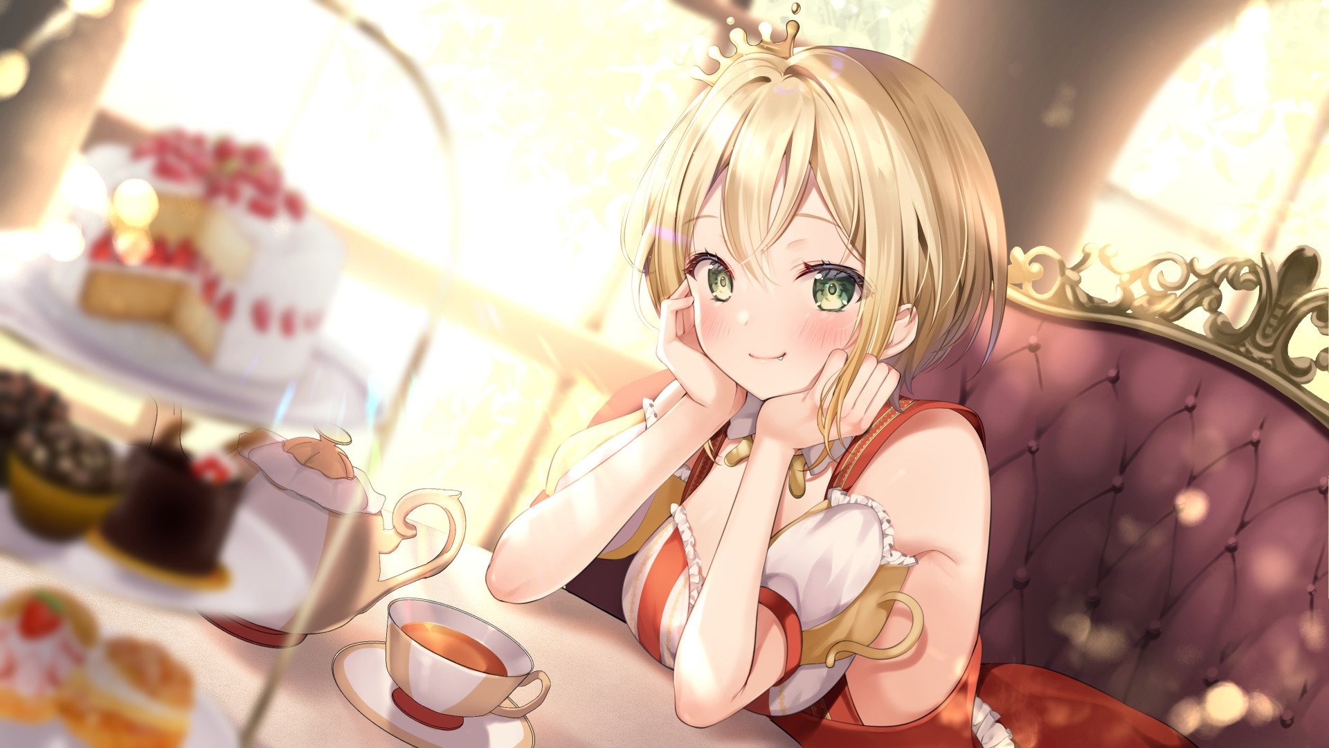 Anime girl with blonde hair and green eyes at a tea party HD Wallpaper