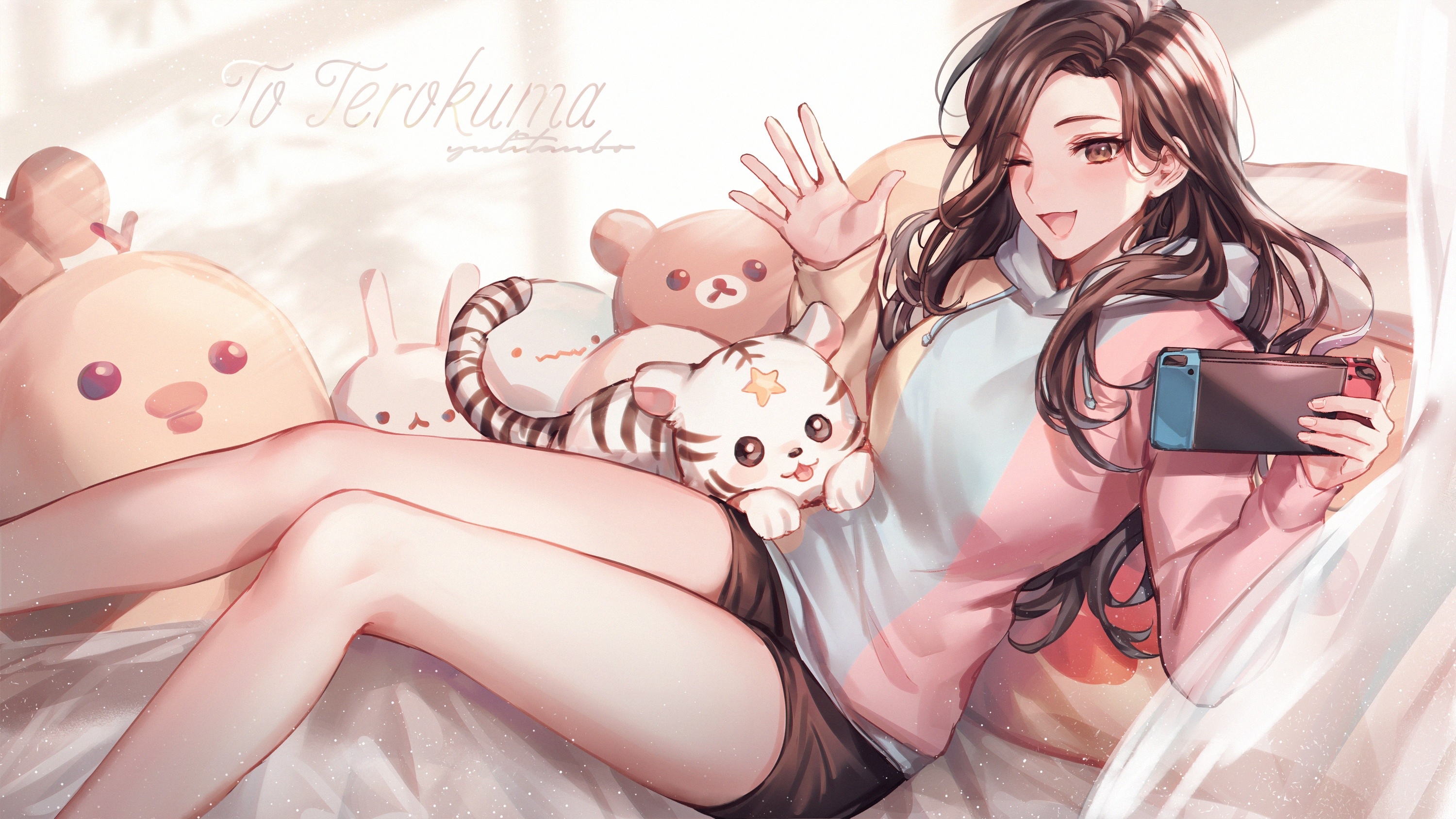 Anime girl with plush toys and Nintendo Switch HD Wallpaper