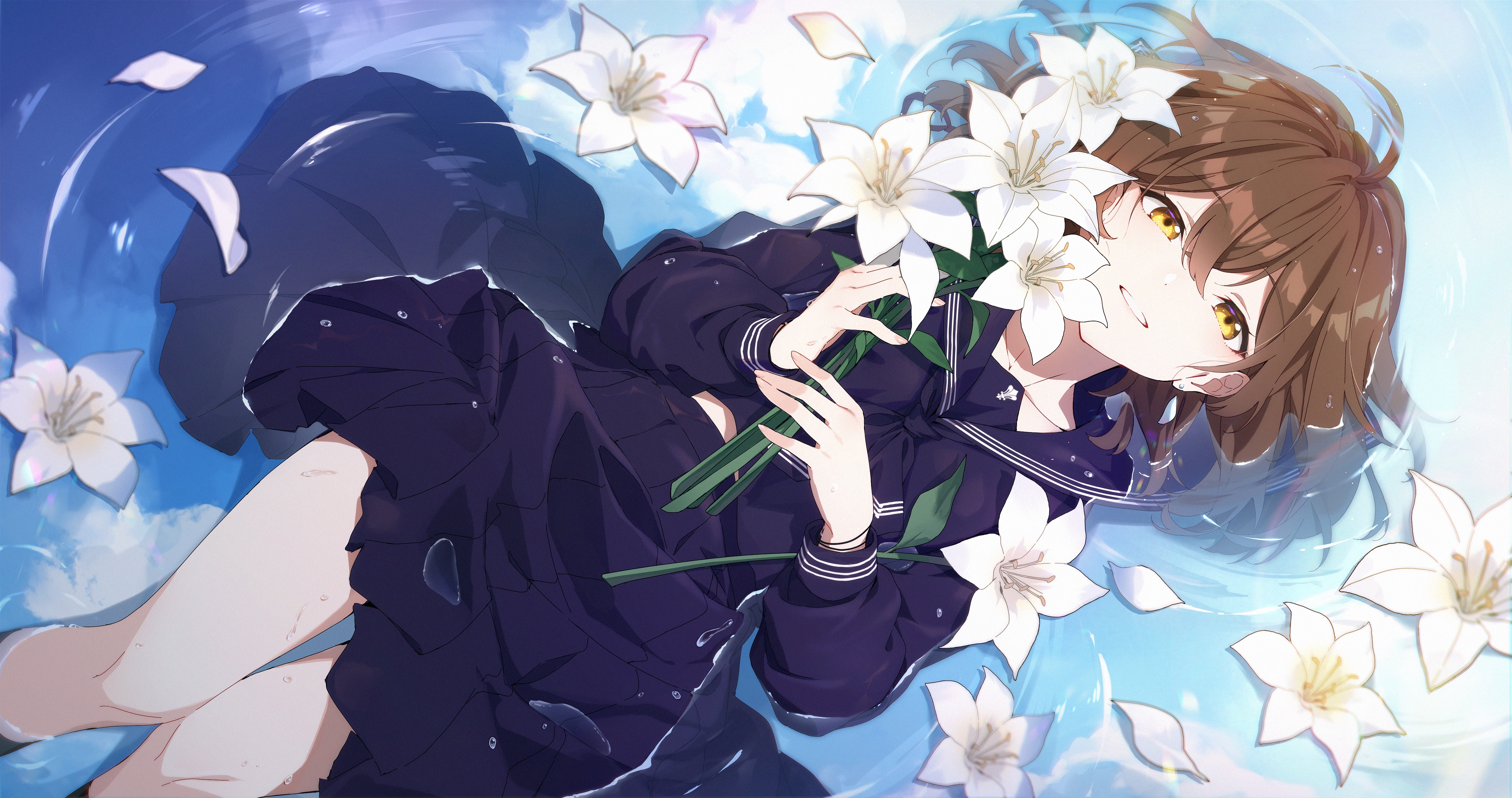 4K Anime Girl with White Lilies in Water HD Wallpaper