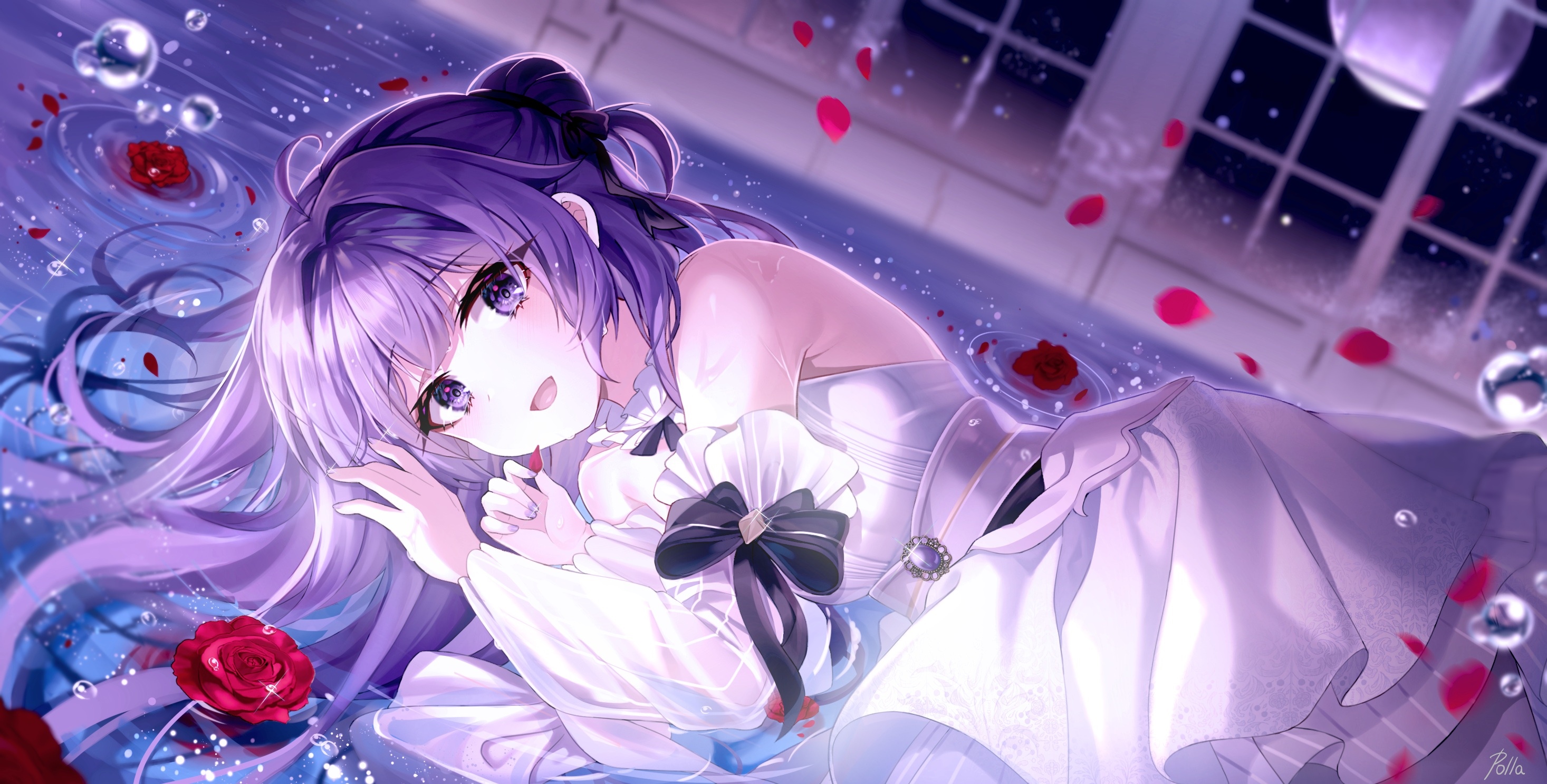 Anime girl with purple hair in a white dress HD Wallpaper