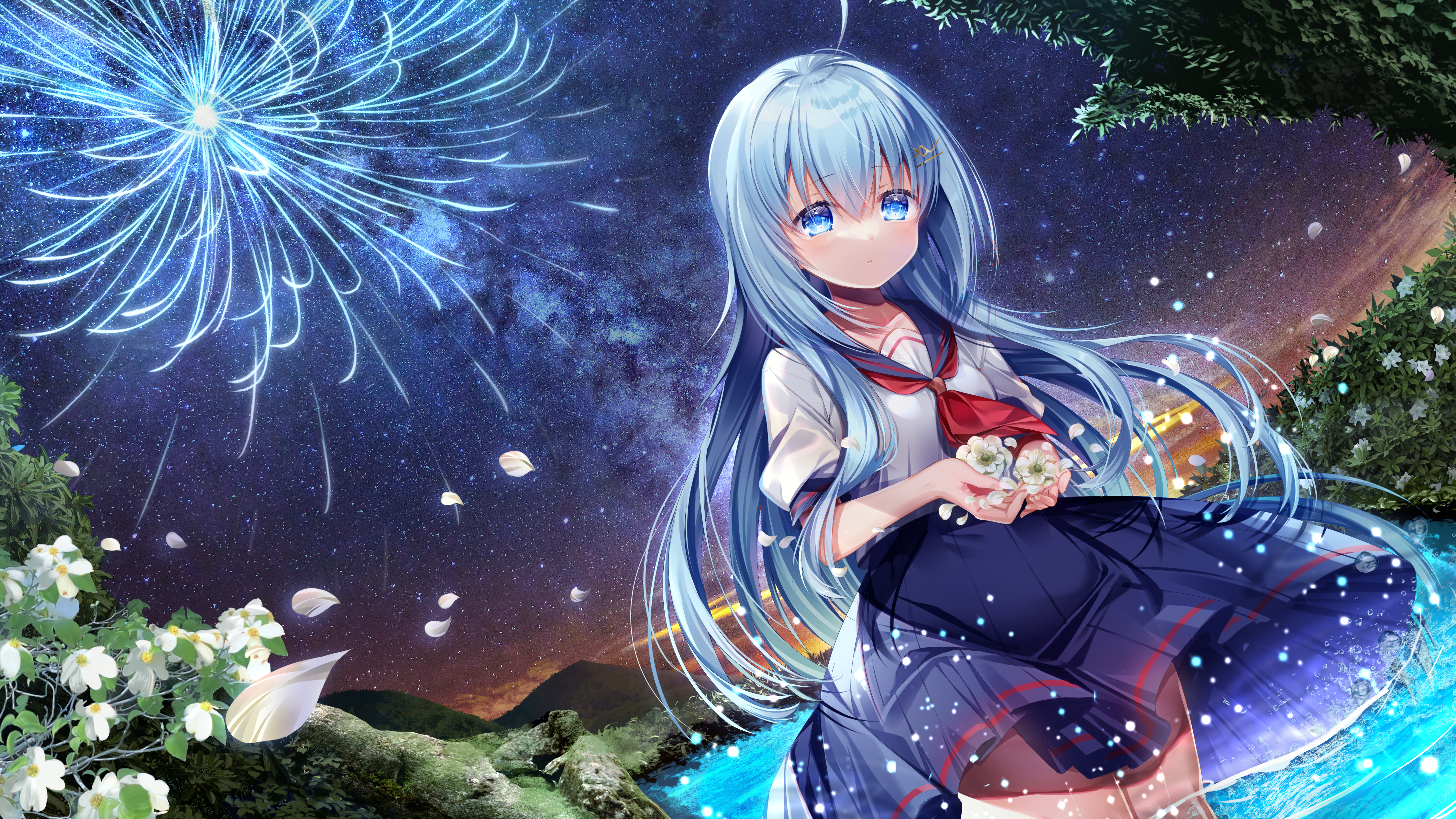 4K anime girl with blue hair and blue eyes HD Wallpaper