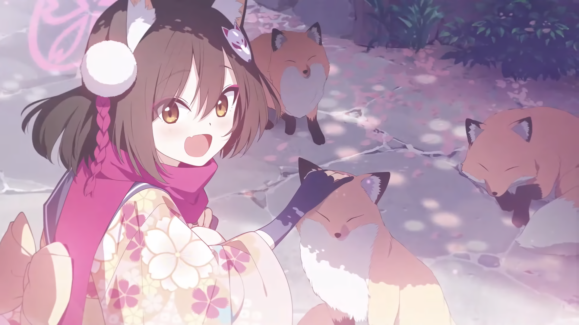 Kuda Izuna with foxes in Blue Archive HD Wallpaper