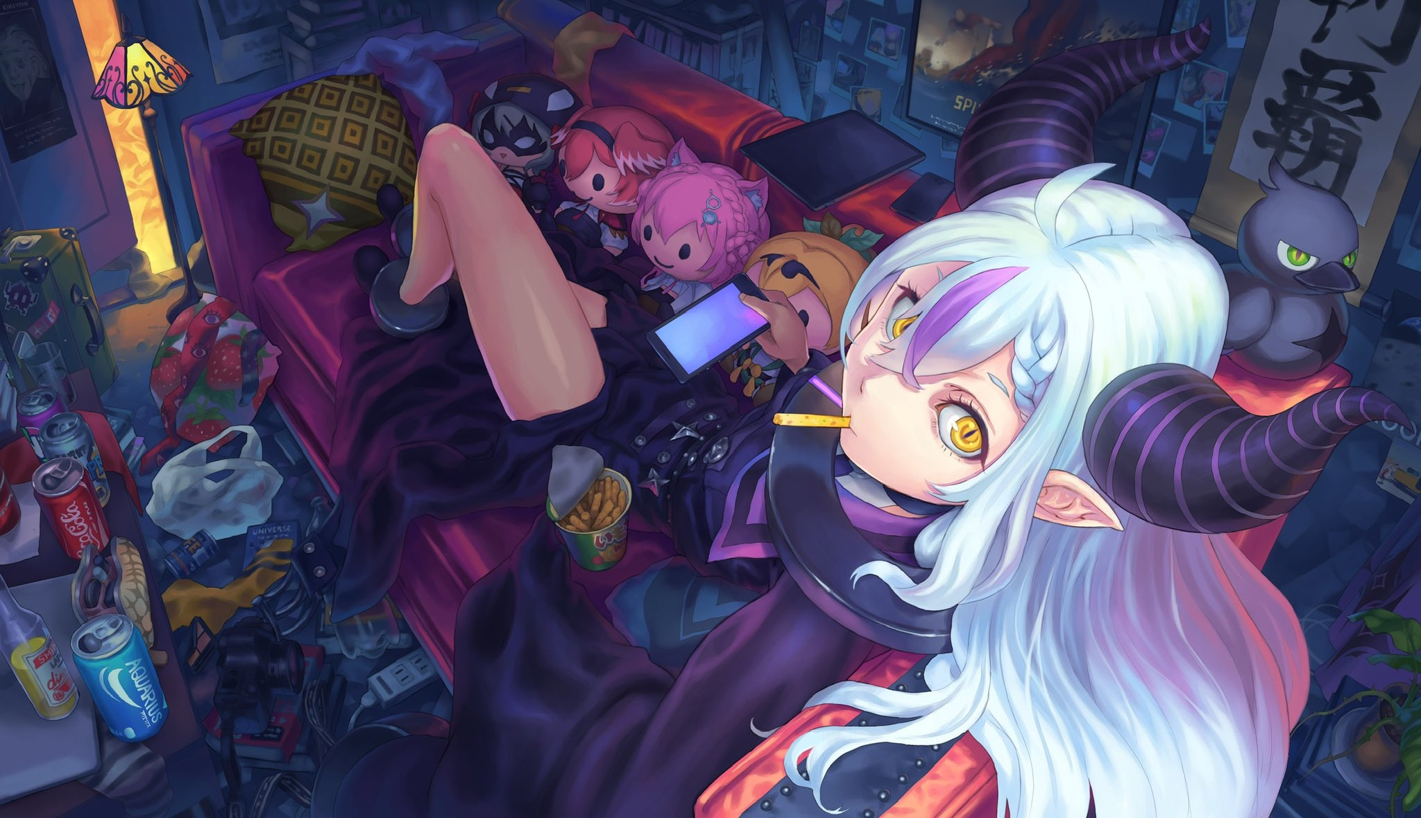 Laplus Darknesss with plush toys and snacks HD Wallpaper