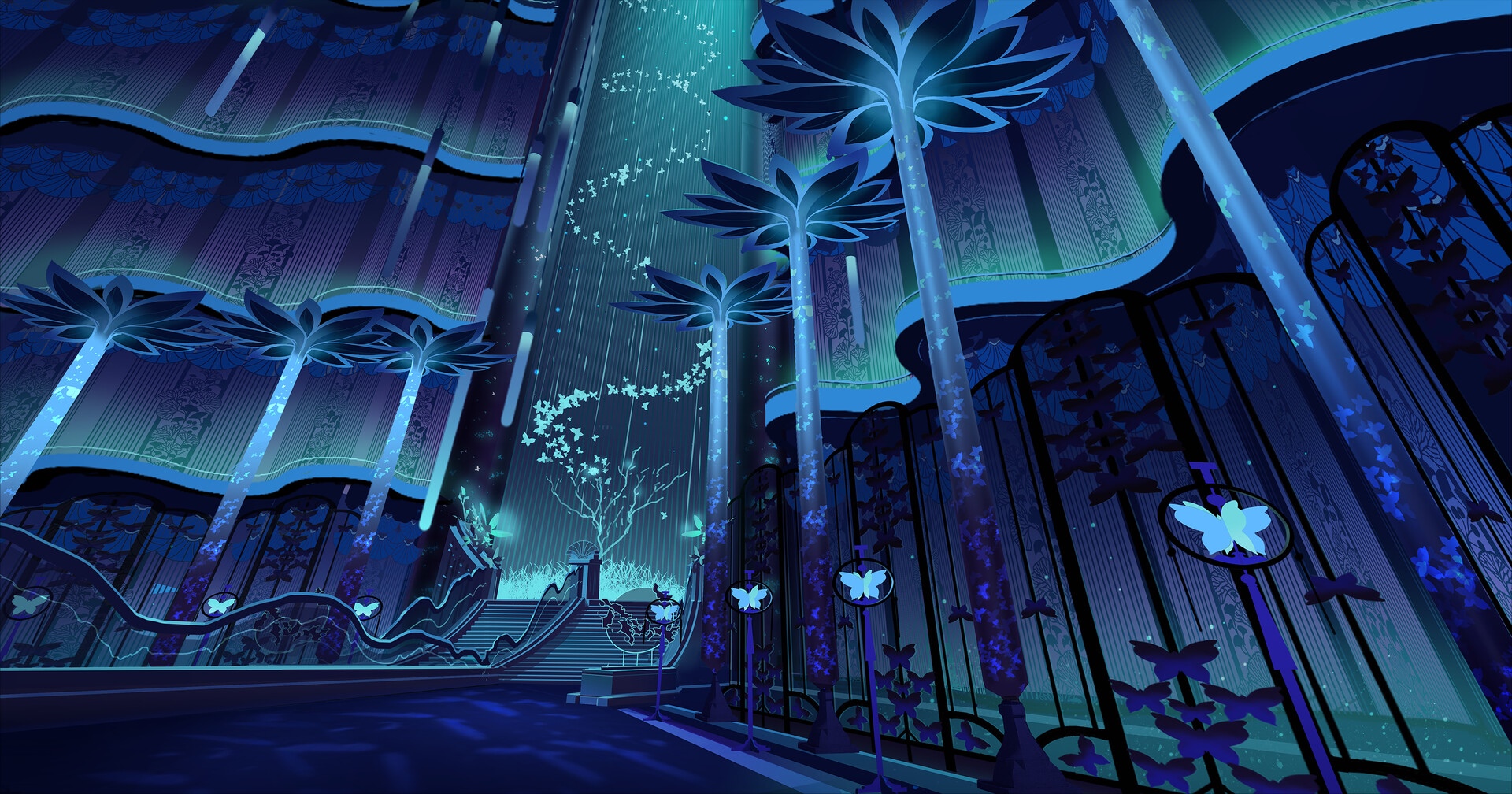 Fantasy maze with glowing lotus flowers and butterflies HD Wallpaper