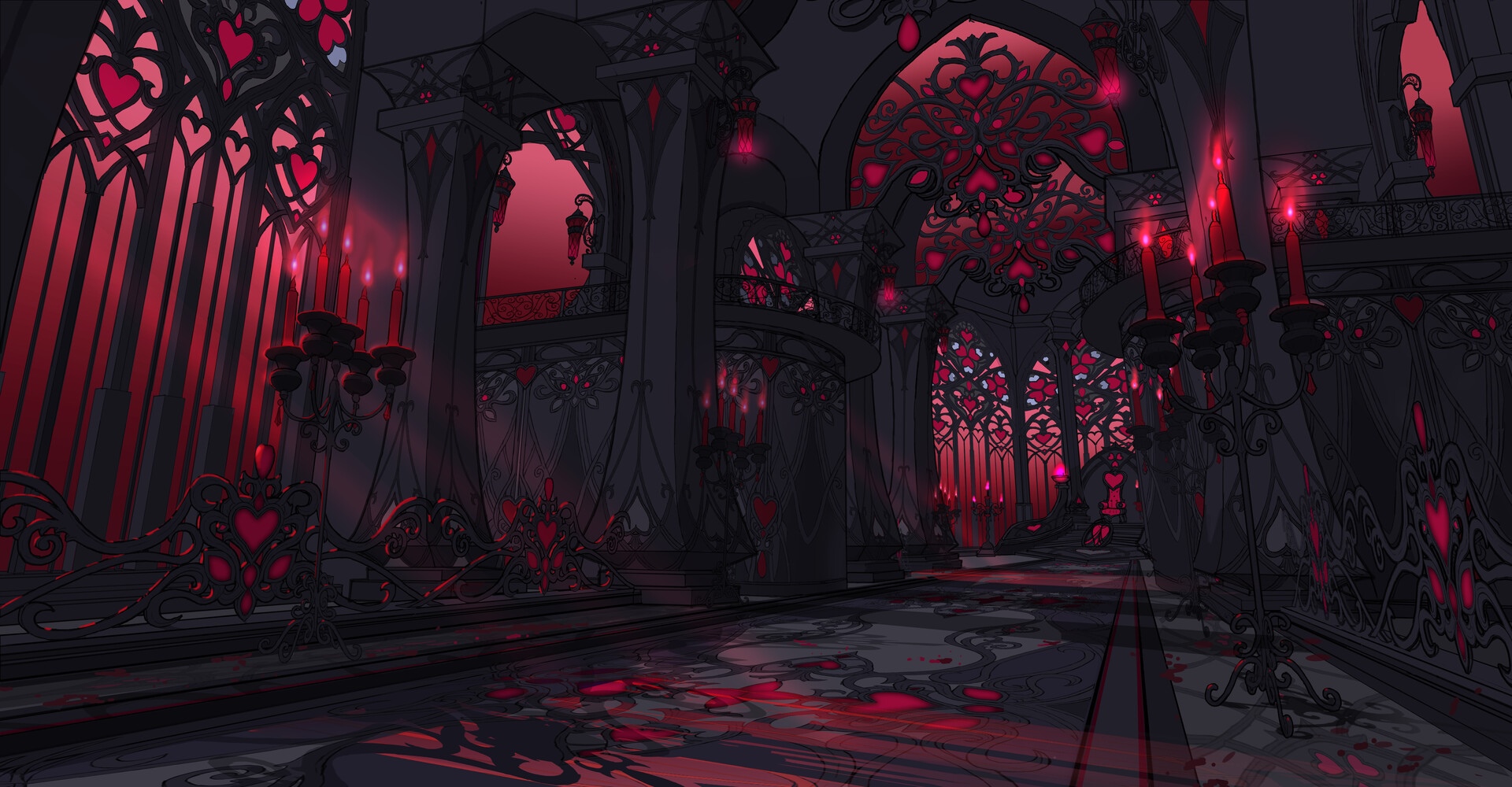 Fantasy Hallway with Heart Stained Glass and Candles HD Wallpaper