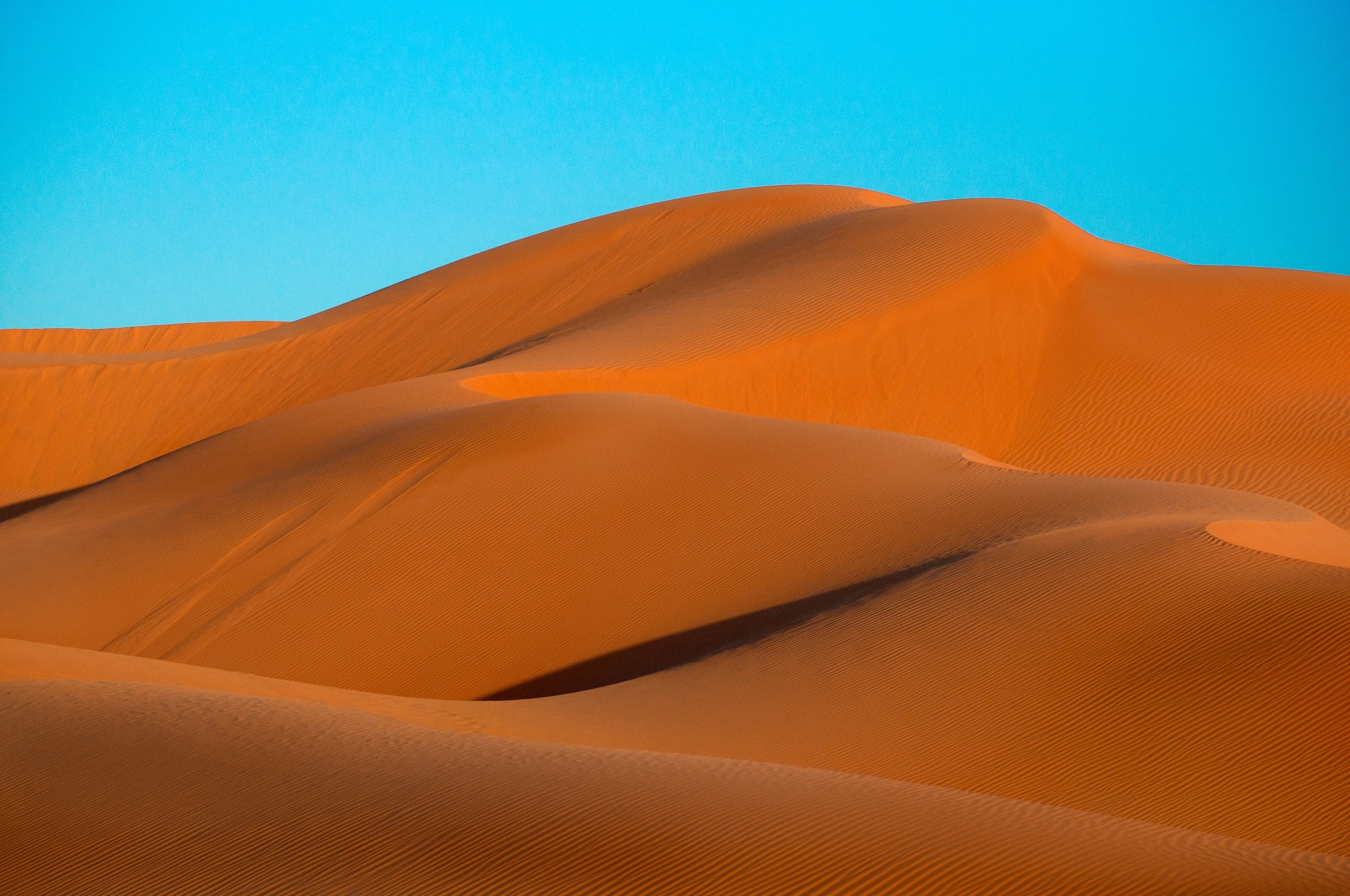 Desert sand dunes under a clear blue sky HD Wallpaper