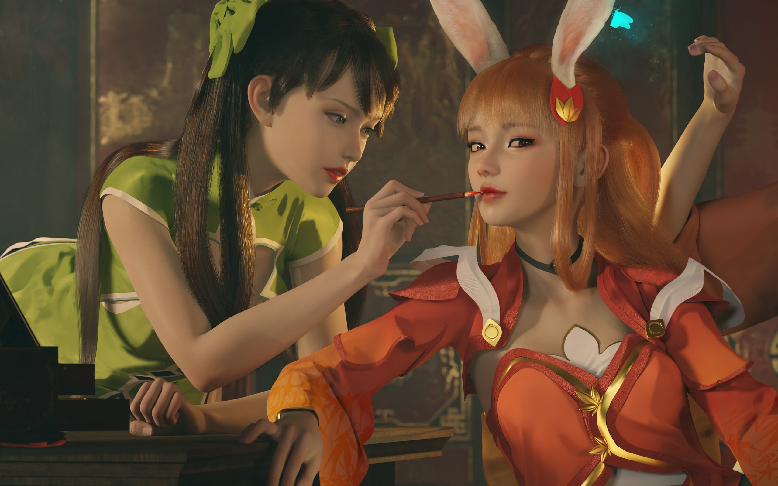 Two women, one with bunny ears, applying makeup HD Wallpaper