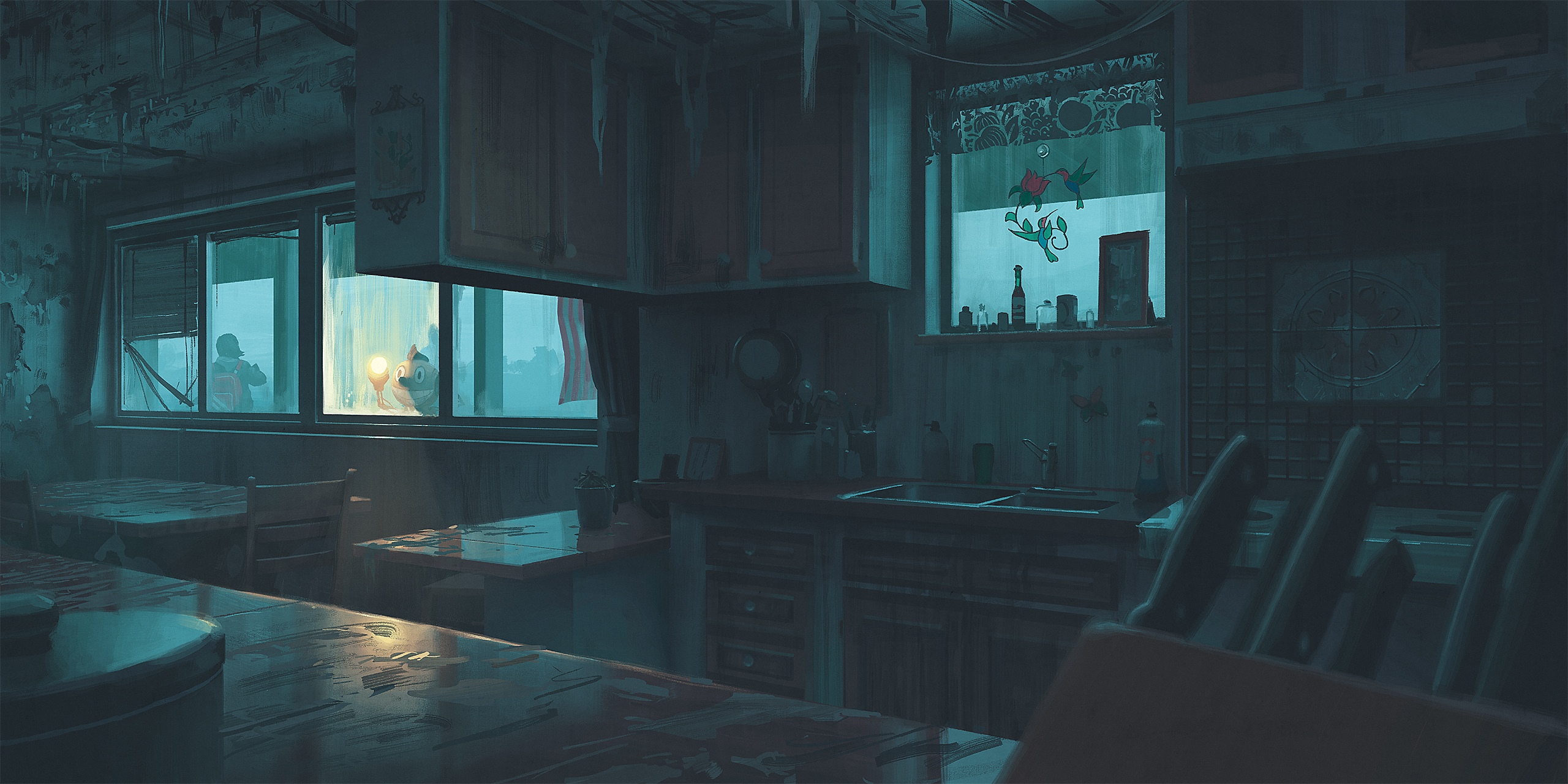 Abandoned dark kitchen with a view HD Wallpaper