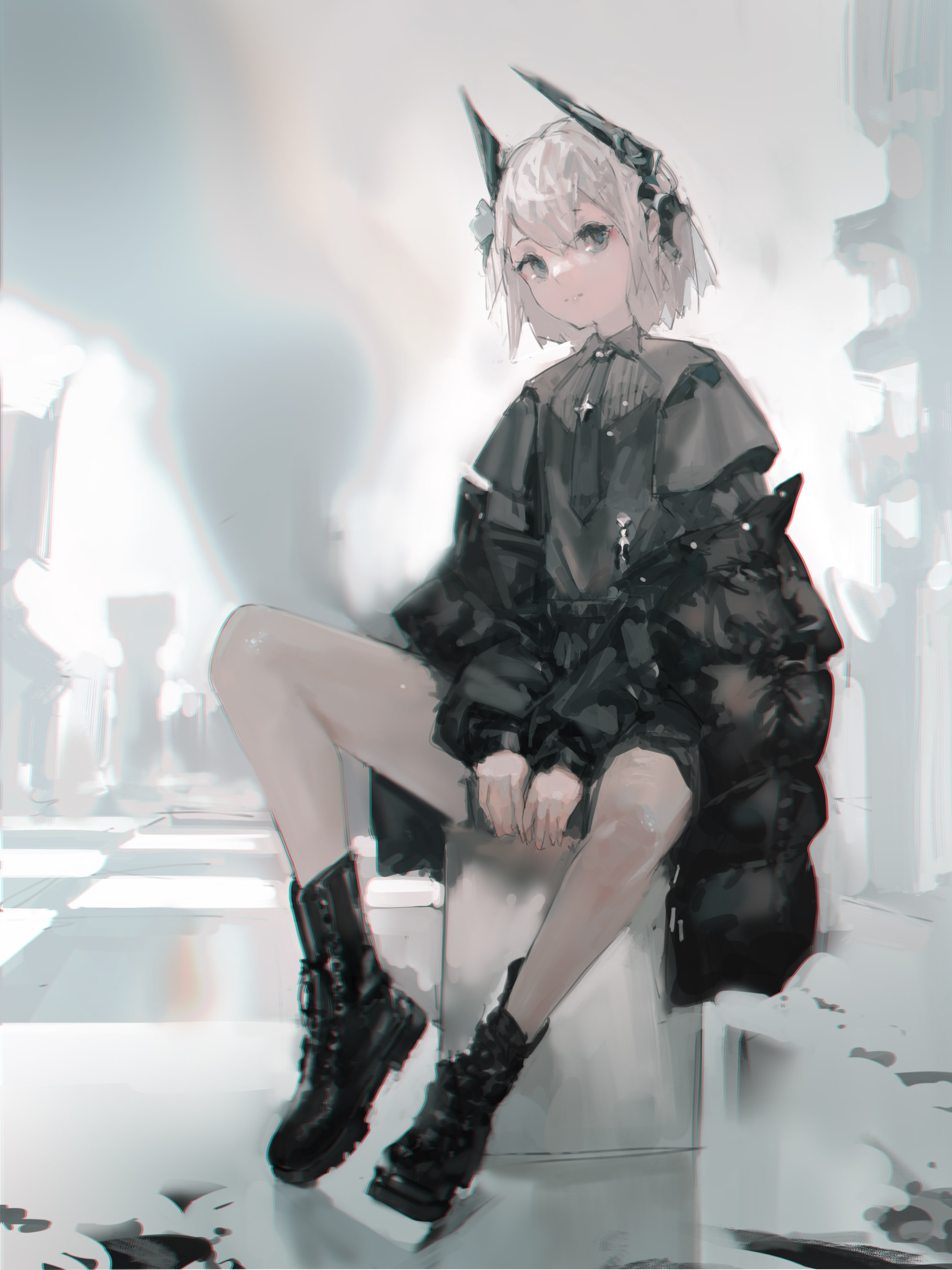Anime girl with horns wearing black outfit HD Phone Wallpaper