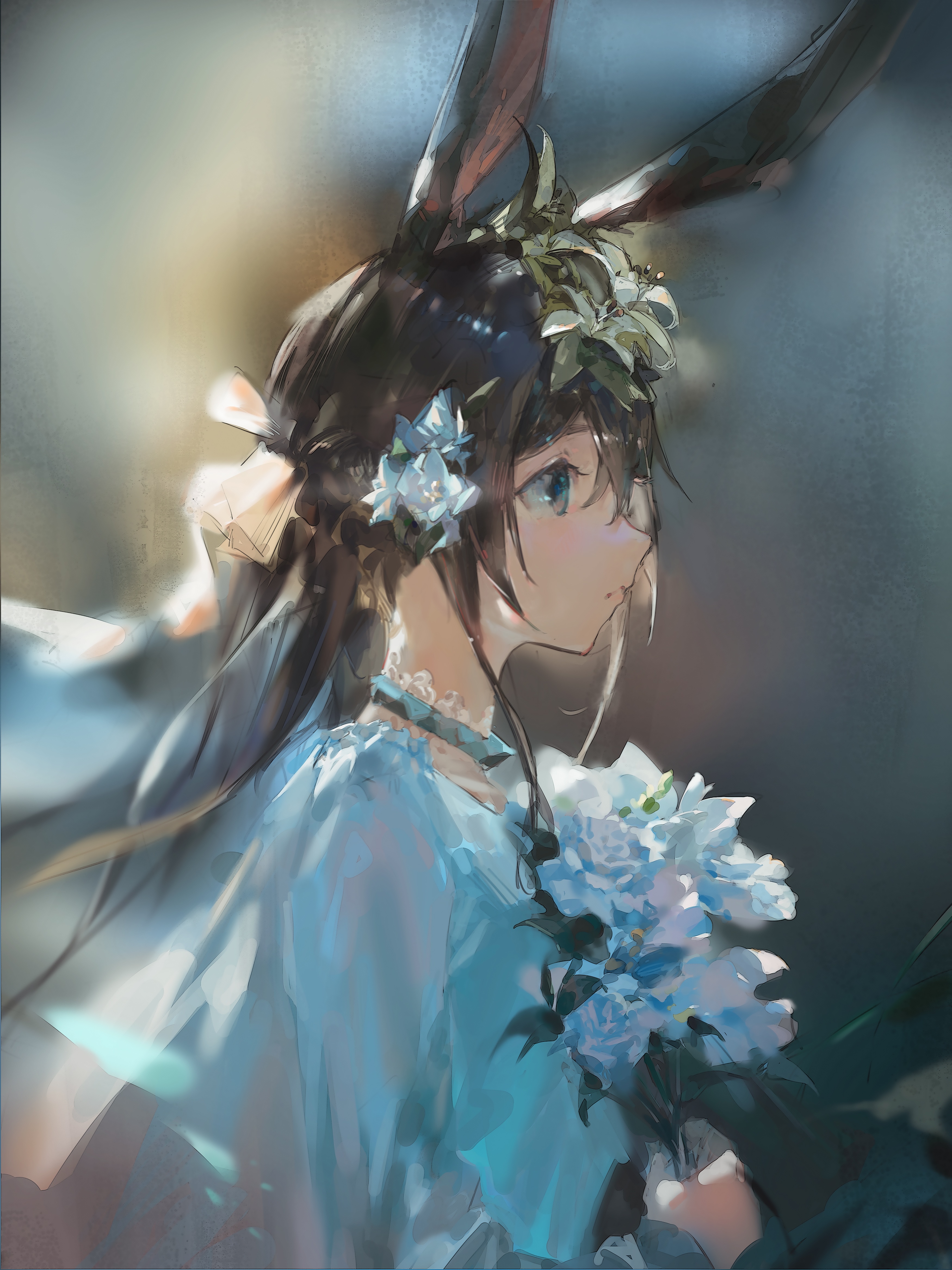 Amiya from Arknights with bunny ears and flowers HD Phone Wallpaper