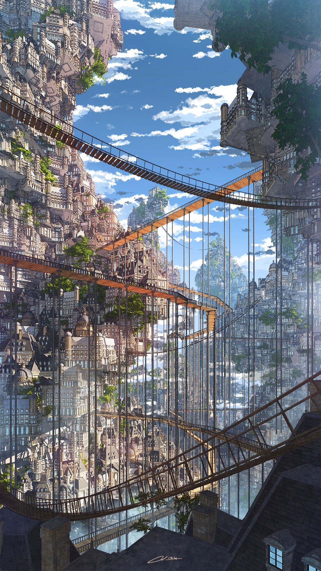 Fantasy city built on cliffs with bridges HD Phone Wallpaper