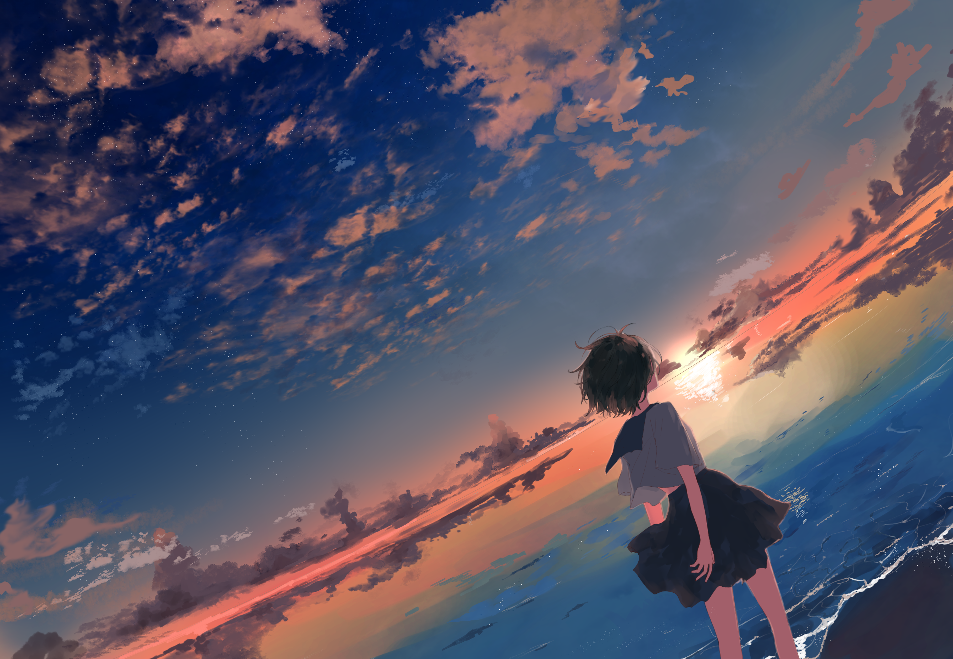Girl in school uniform on beach at sunset HD Wallpaper