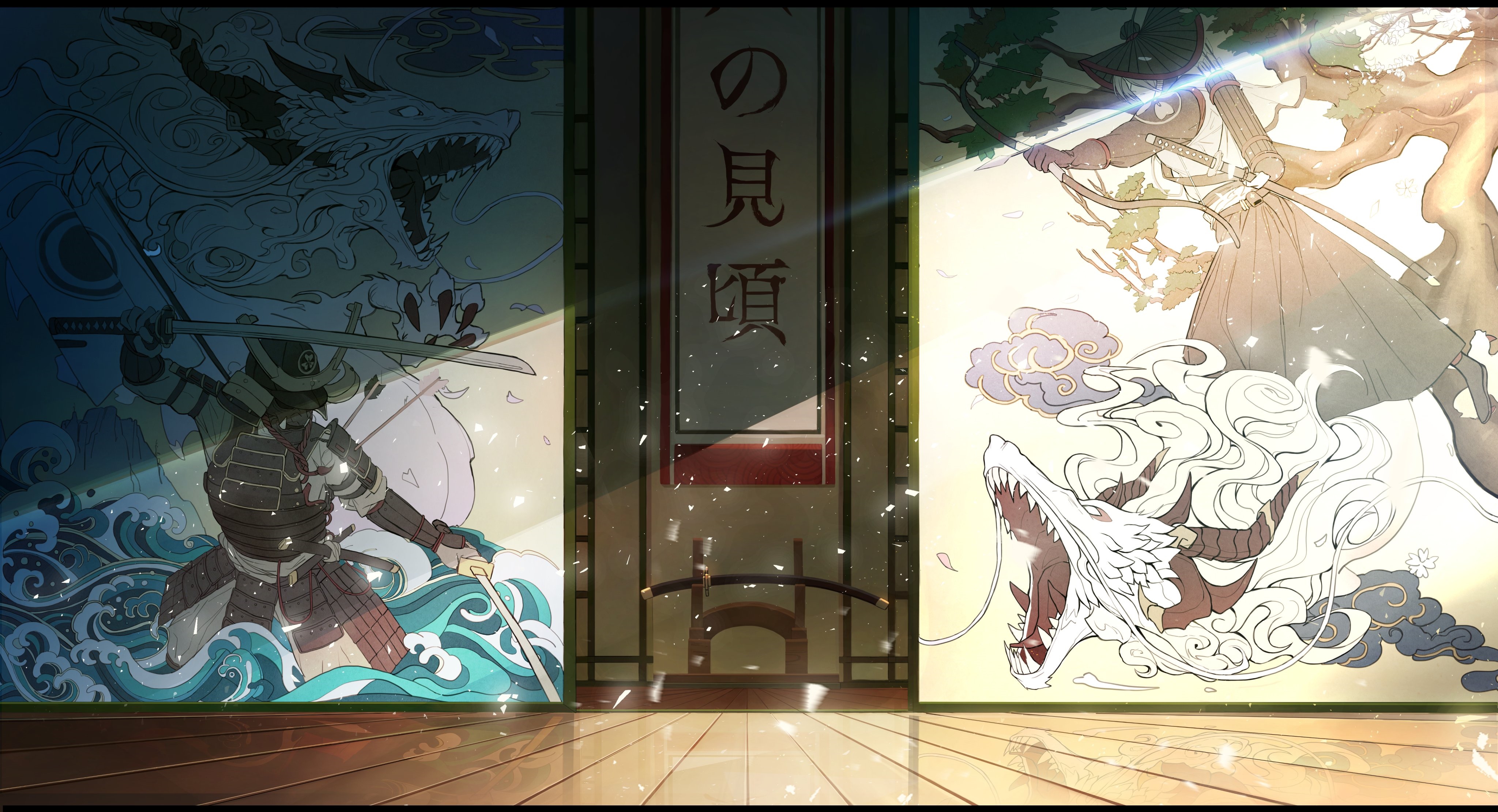 Samurai and Dragon Tapestry Room HD Wallpaper