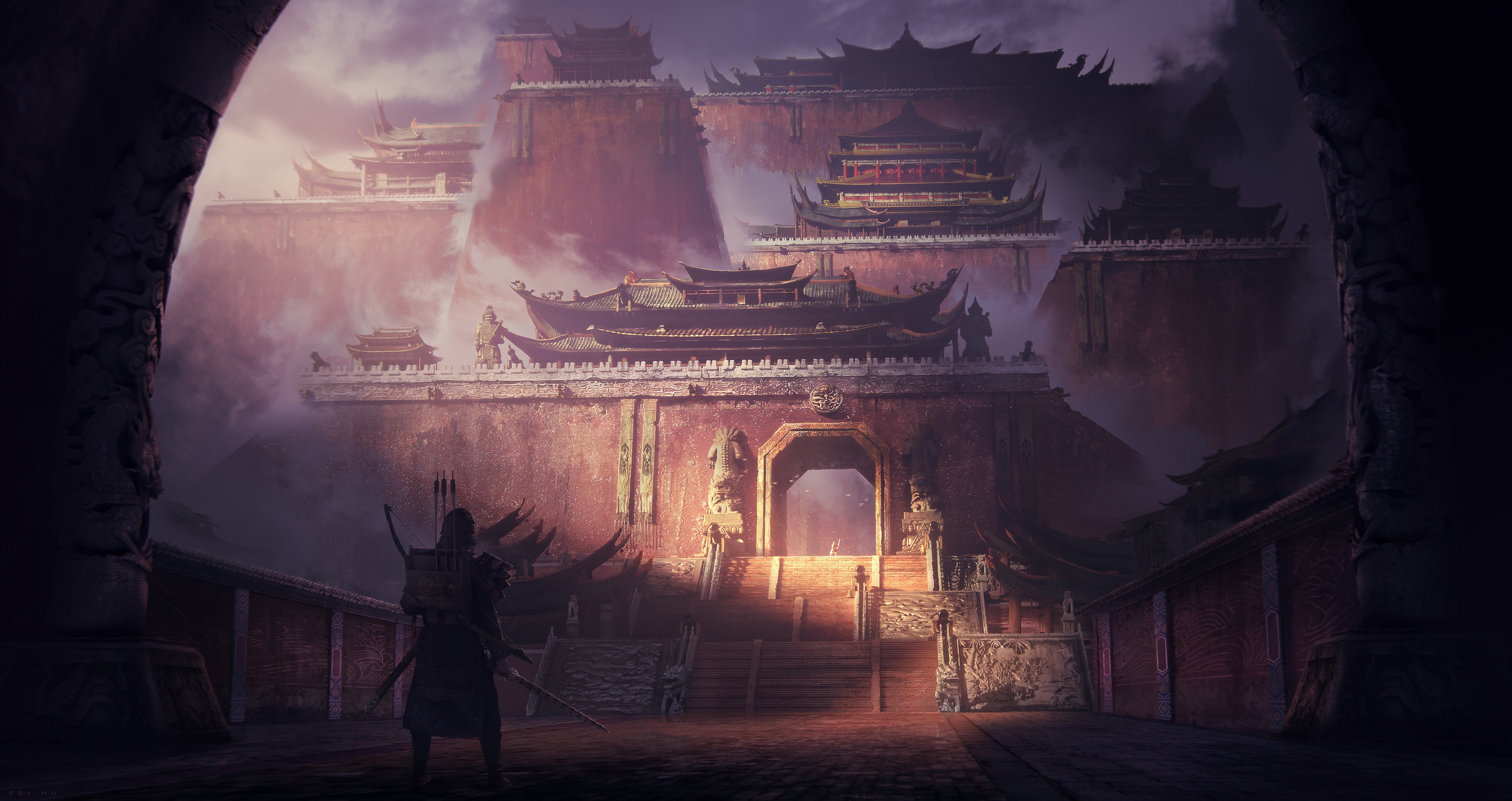 Samurai before a mystical Asian castle HD Wallpaper