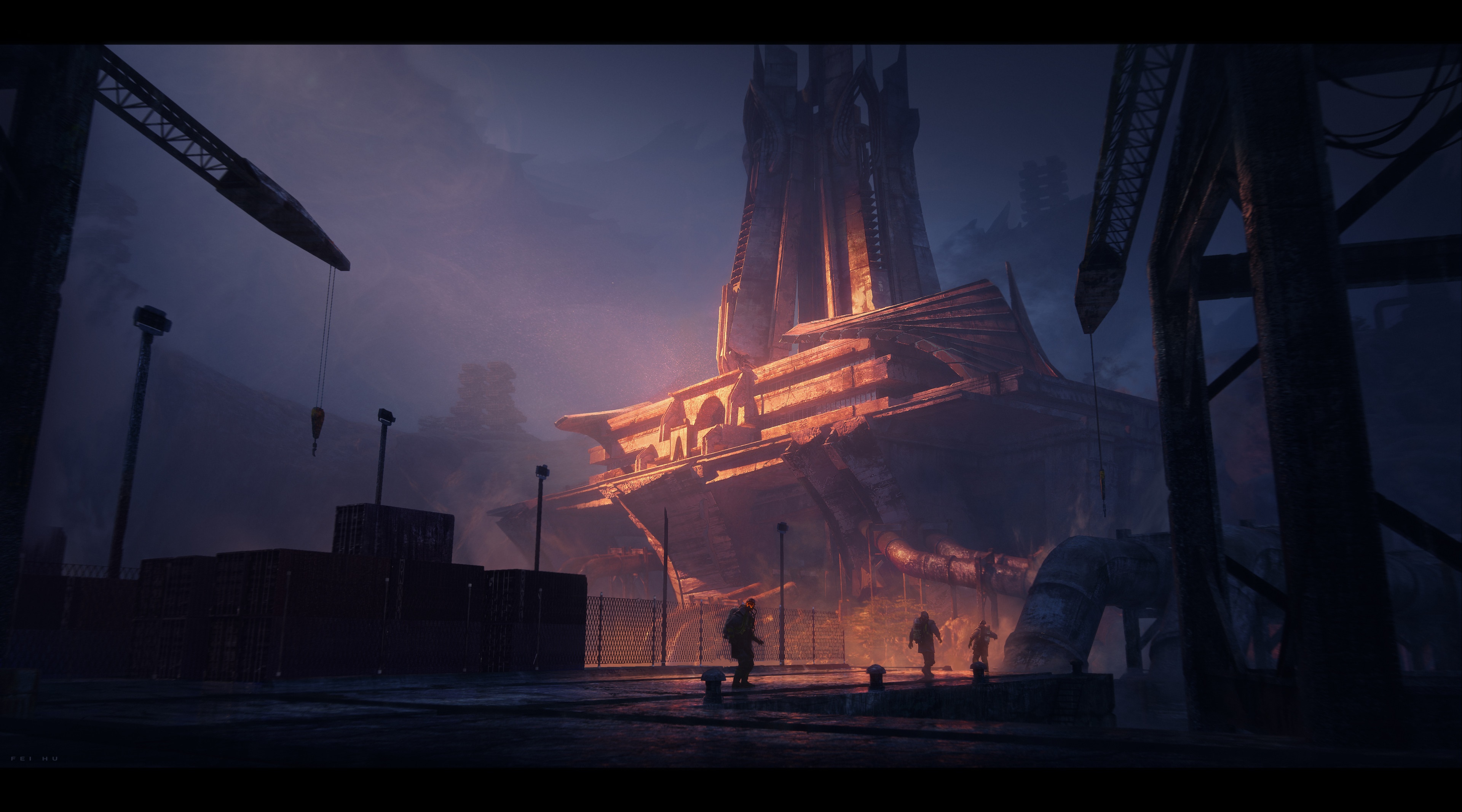 4K industrial scene with cranes and a large structure HD Wallpaper