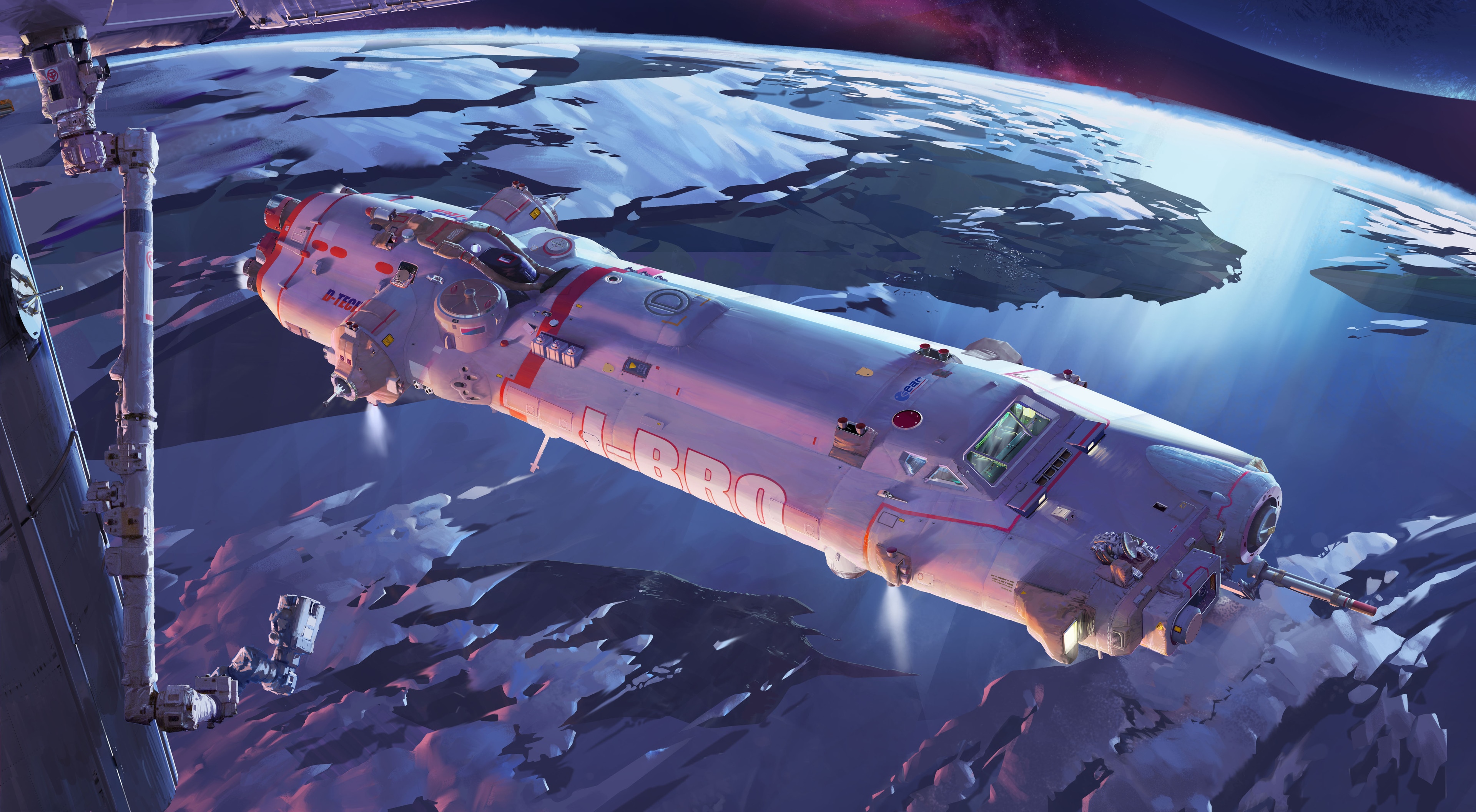 4K Spaceship in Orbit Above an Icy Planet HD Wallpaper