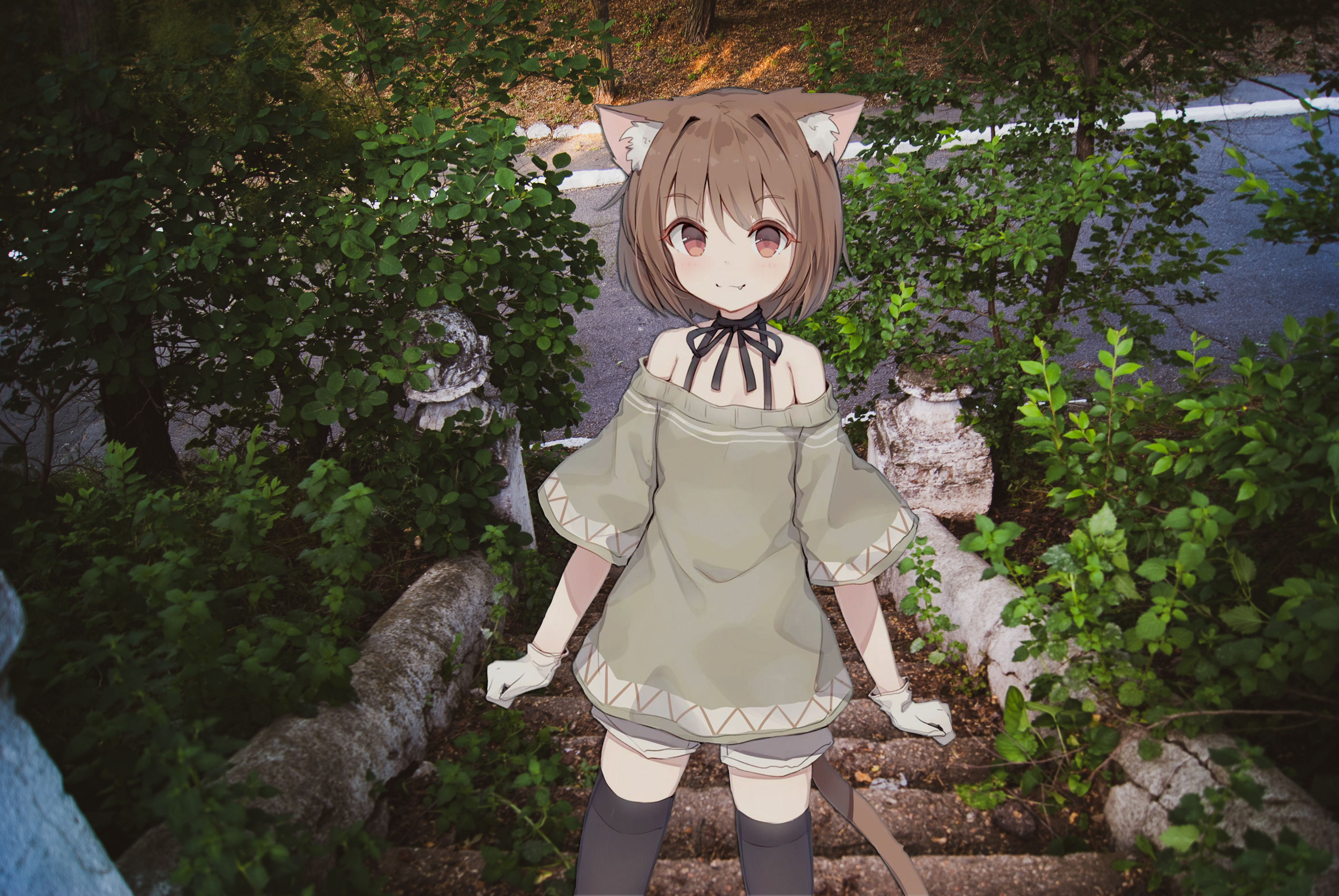 Anime cat girl on steps HD Wallpaper