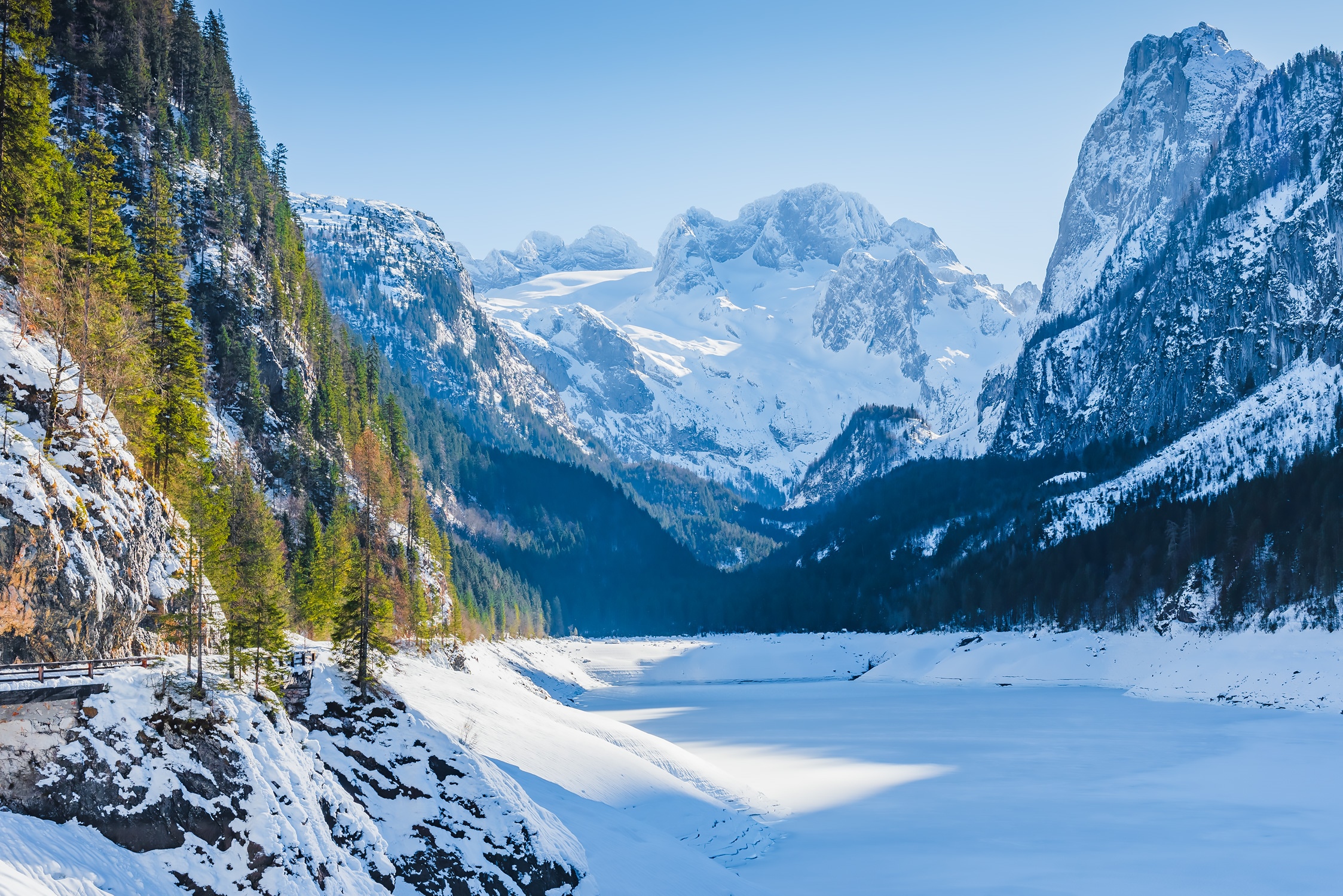 Snowy mountains and frozen lake in the Alps HD Wallpaper