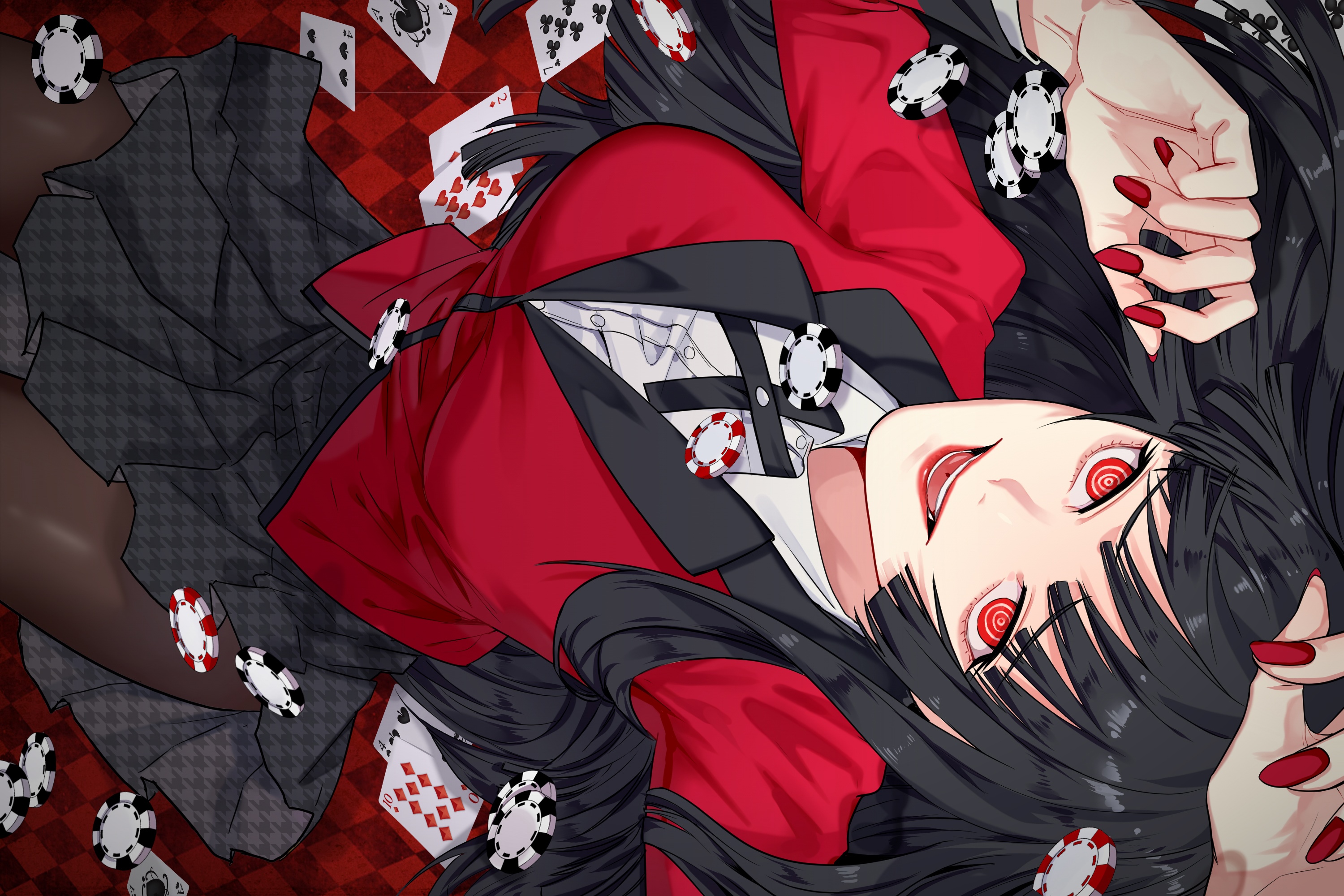 Jabami Yumeko from Kakegurui lying on cards and chips HD Wallpaper