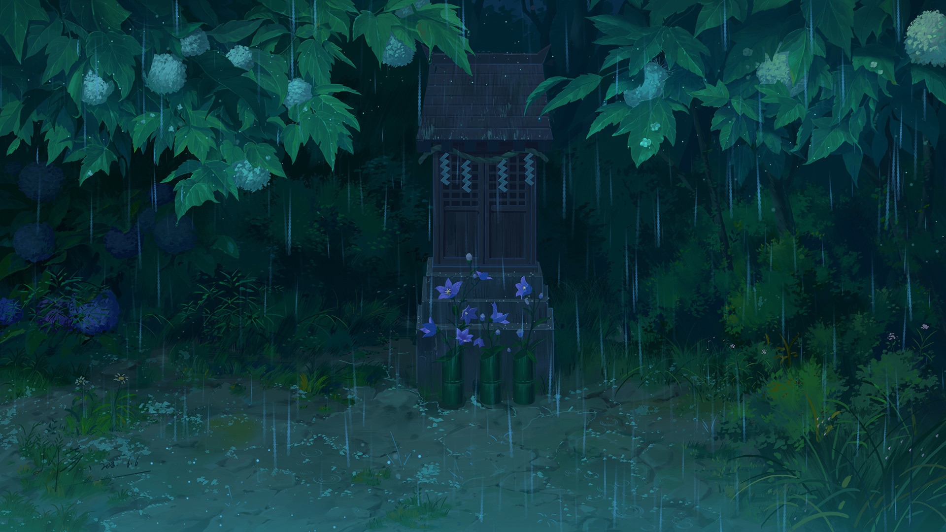 A small shrine in the rain with flowers and trees HD Wallpaper