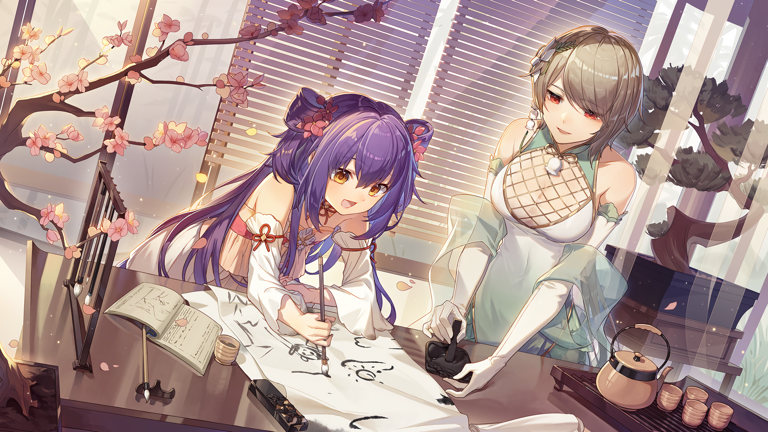 Honkai Impact: Rita Rossweisse and Kiana Kaslana writing calligraphy HD Wallpaper