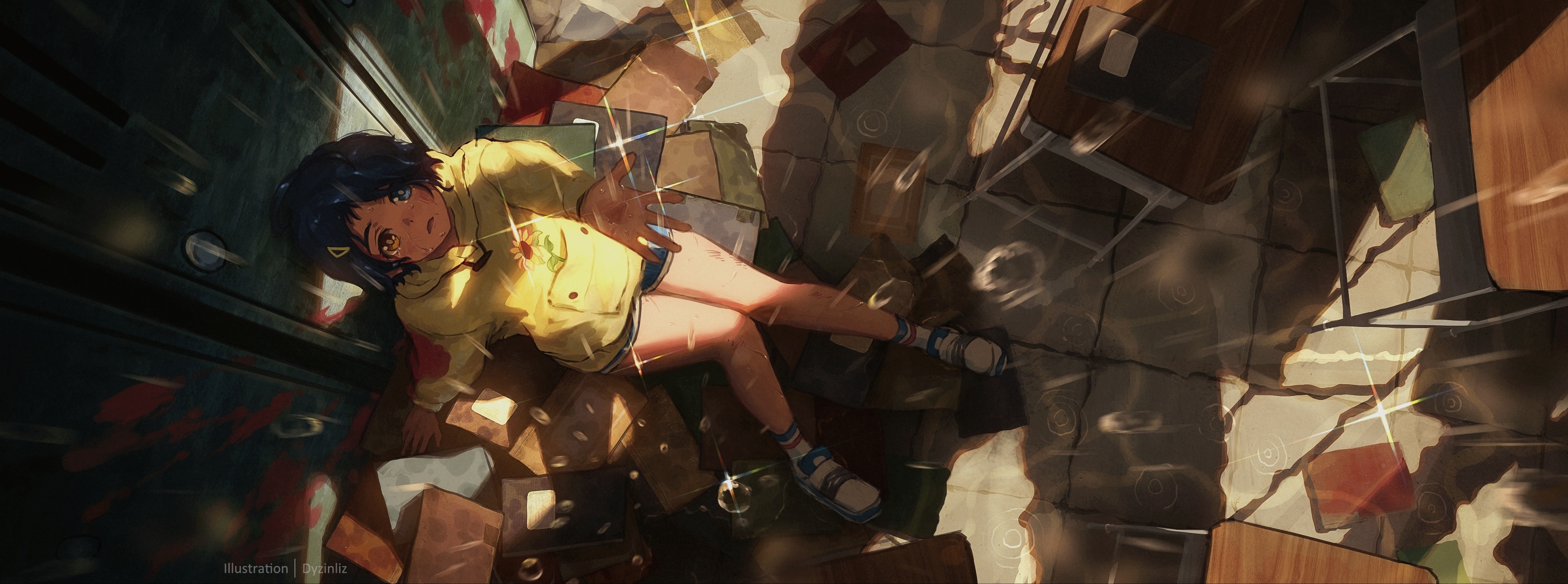 Ai Ohto lying on the floor surrounded by books HD Wallpaper