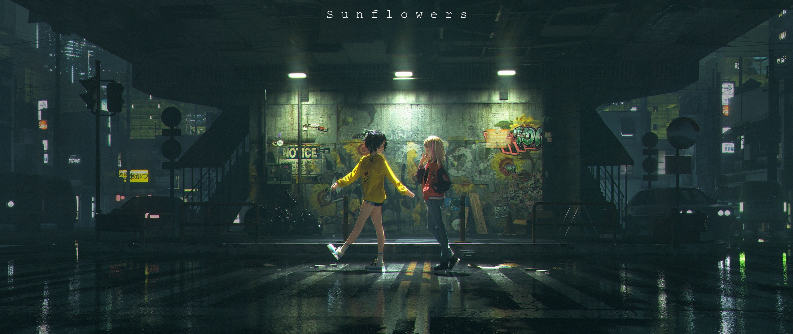 Two girls in a rainy city at night HD Wallpaper