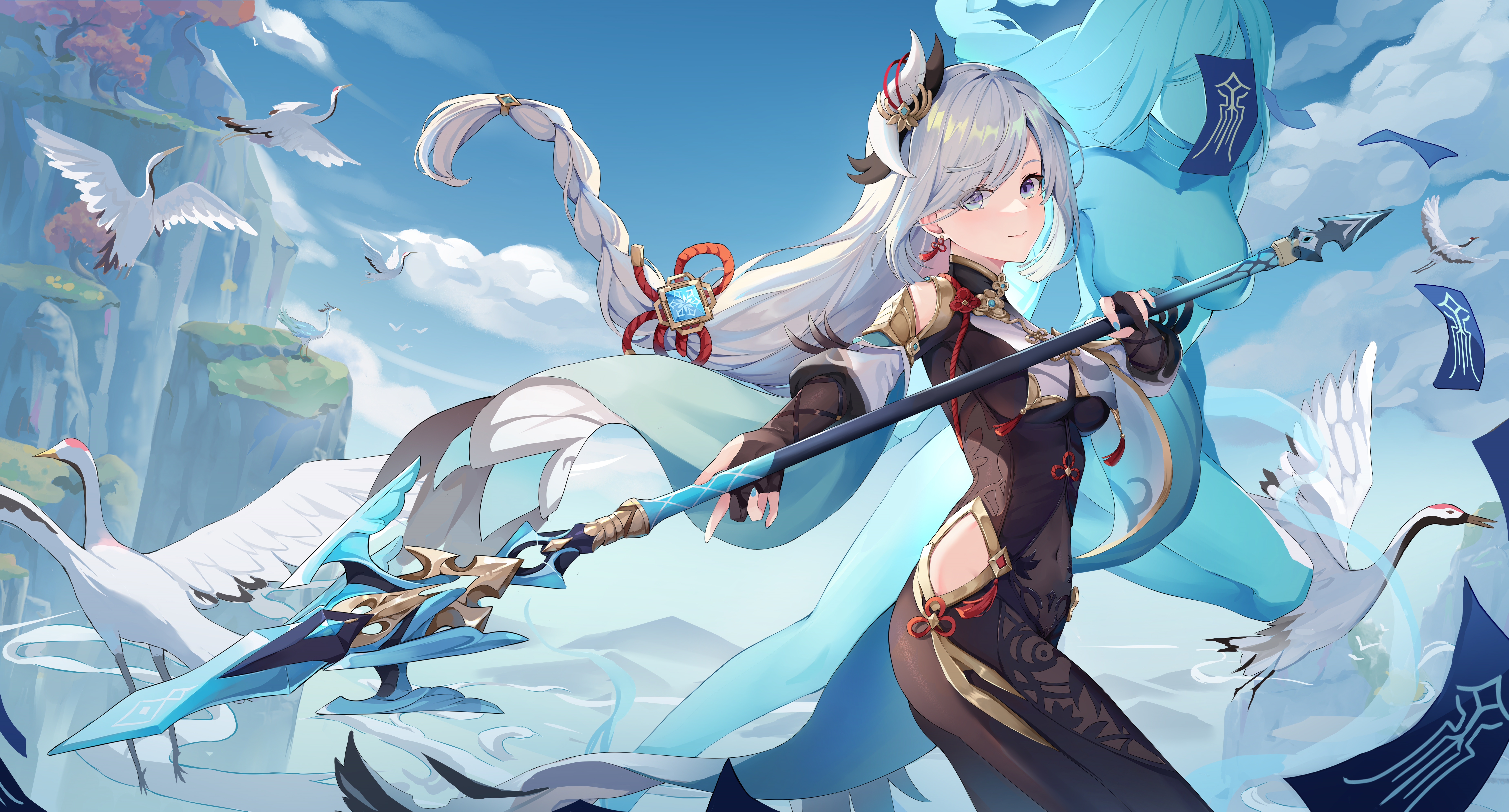 Shenhe with a polearm and cranes in Genshin Impact HD Wallpaper