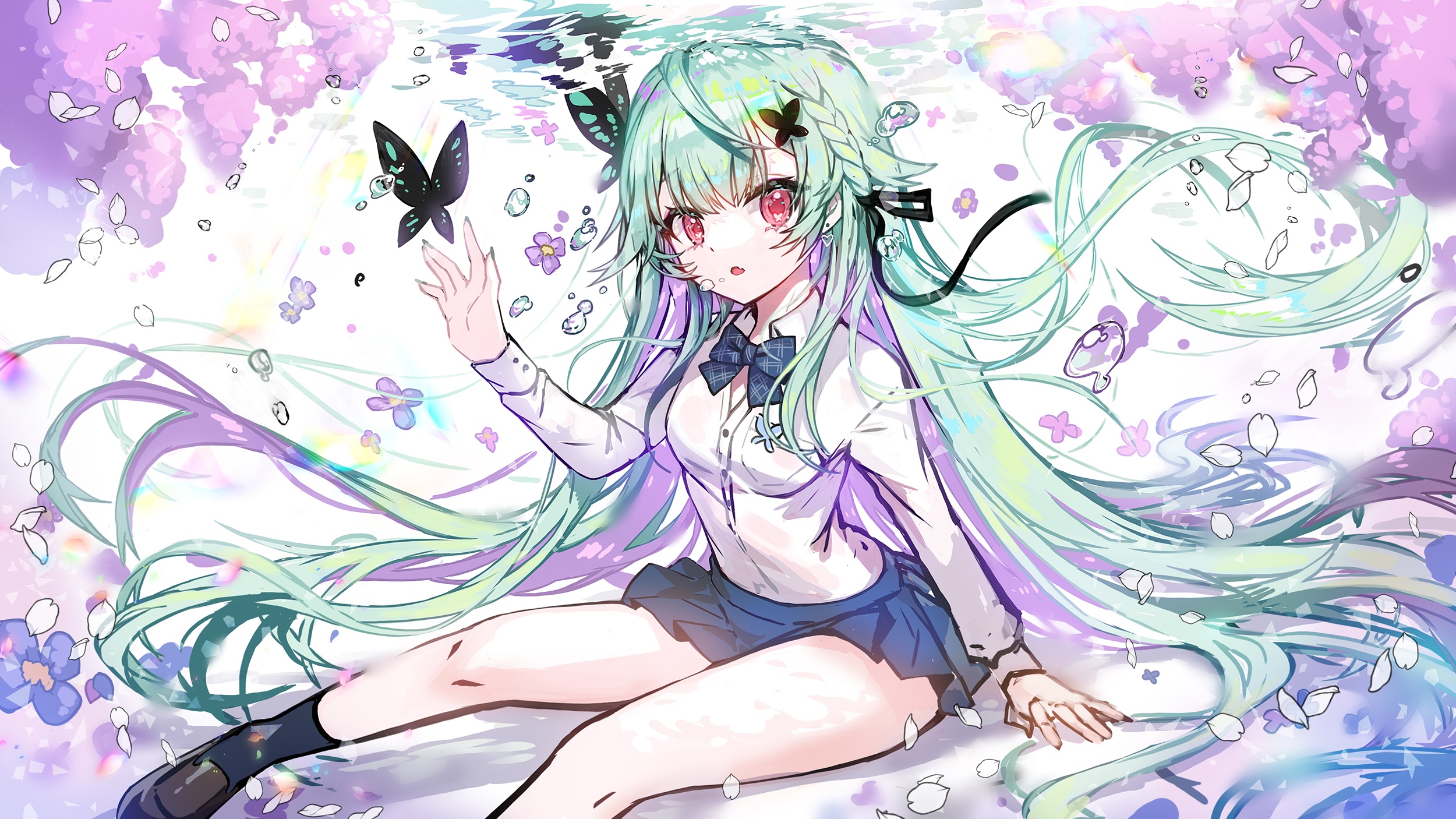 Uruha Rushia with green hair and red eyes HD Wallpaper