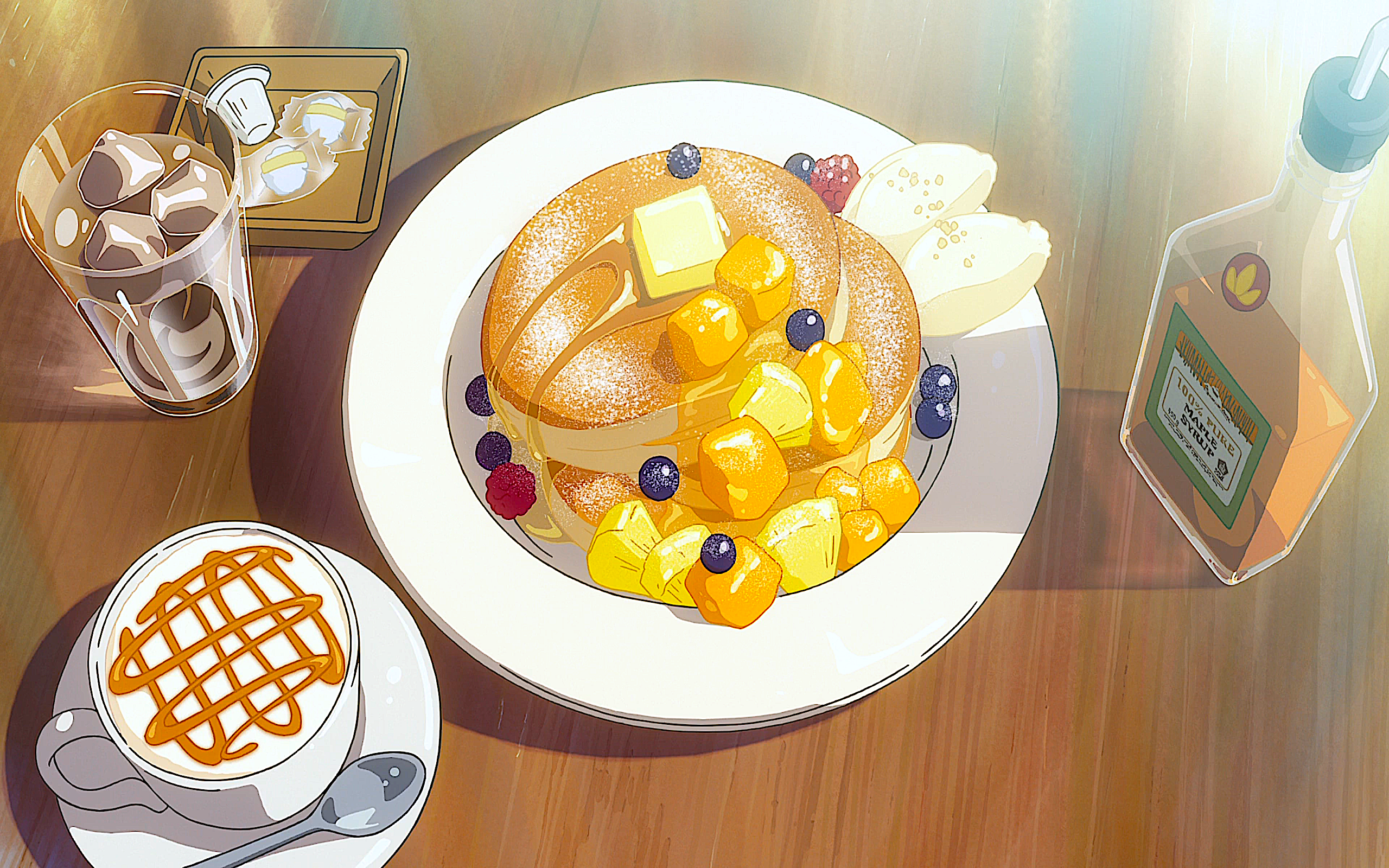 Pancakes with fruit and coffee HD Wallpaper