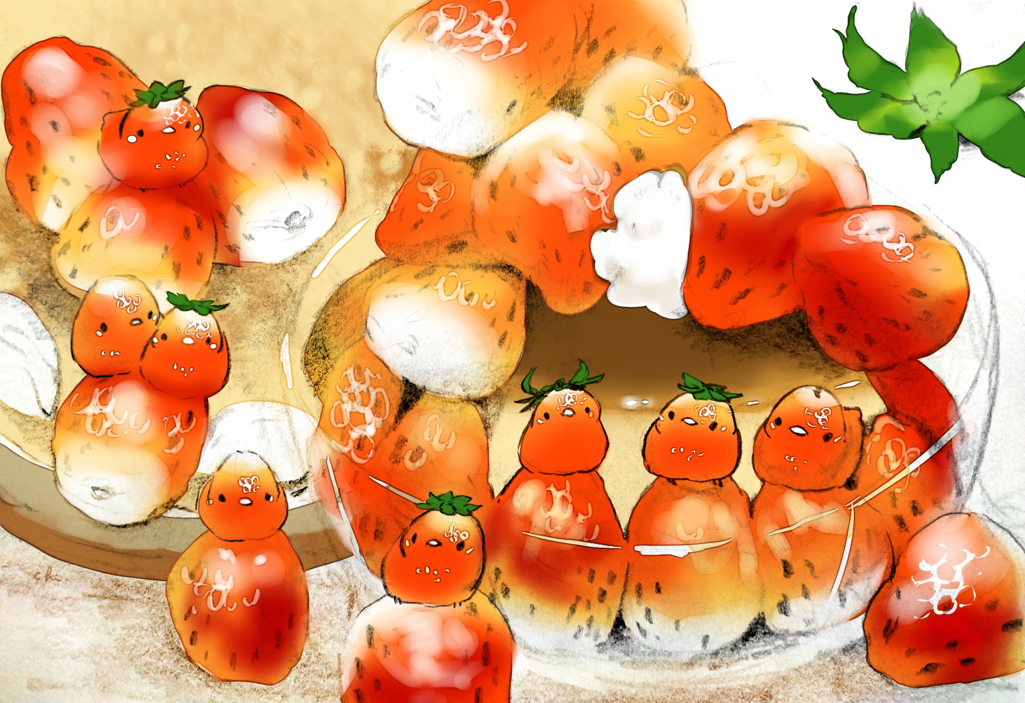 Cute strawberry characters with a green leaf HD Wallpaper
