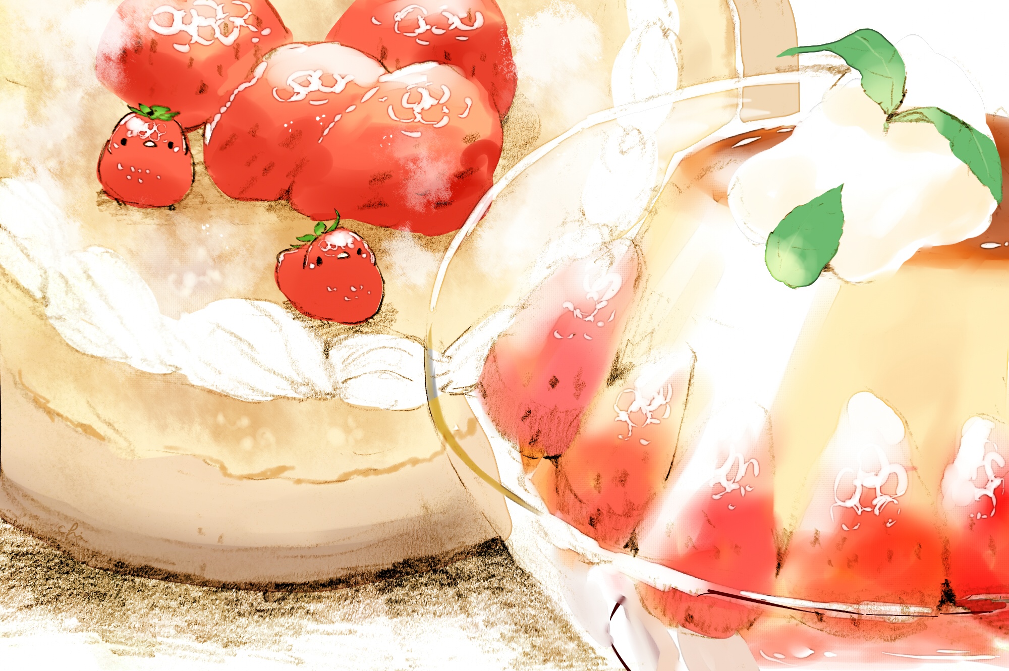 Cute strawberry characters on a cake and in a dessert HD Wallpaper