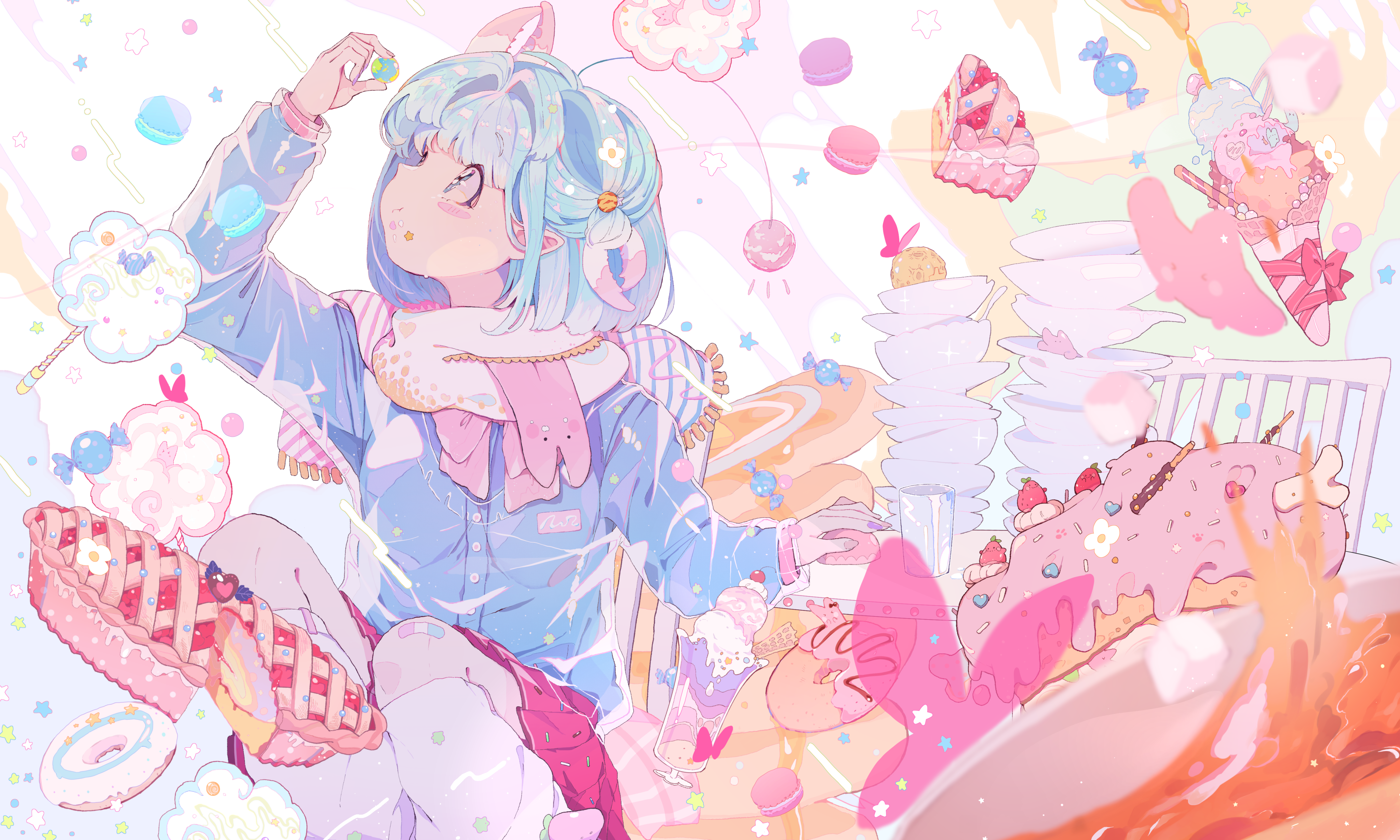 4K anime girl surrounded by sweets and pastries HD Wallpaper