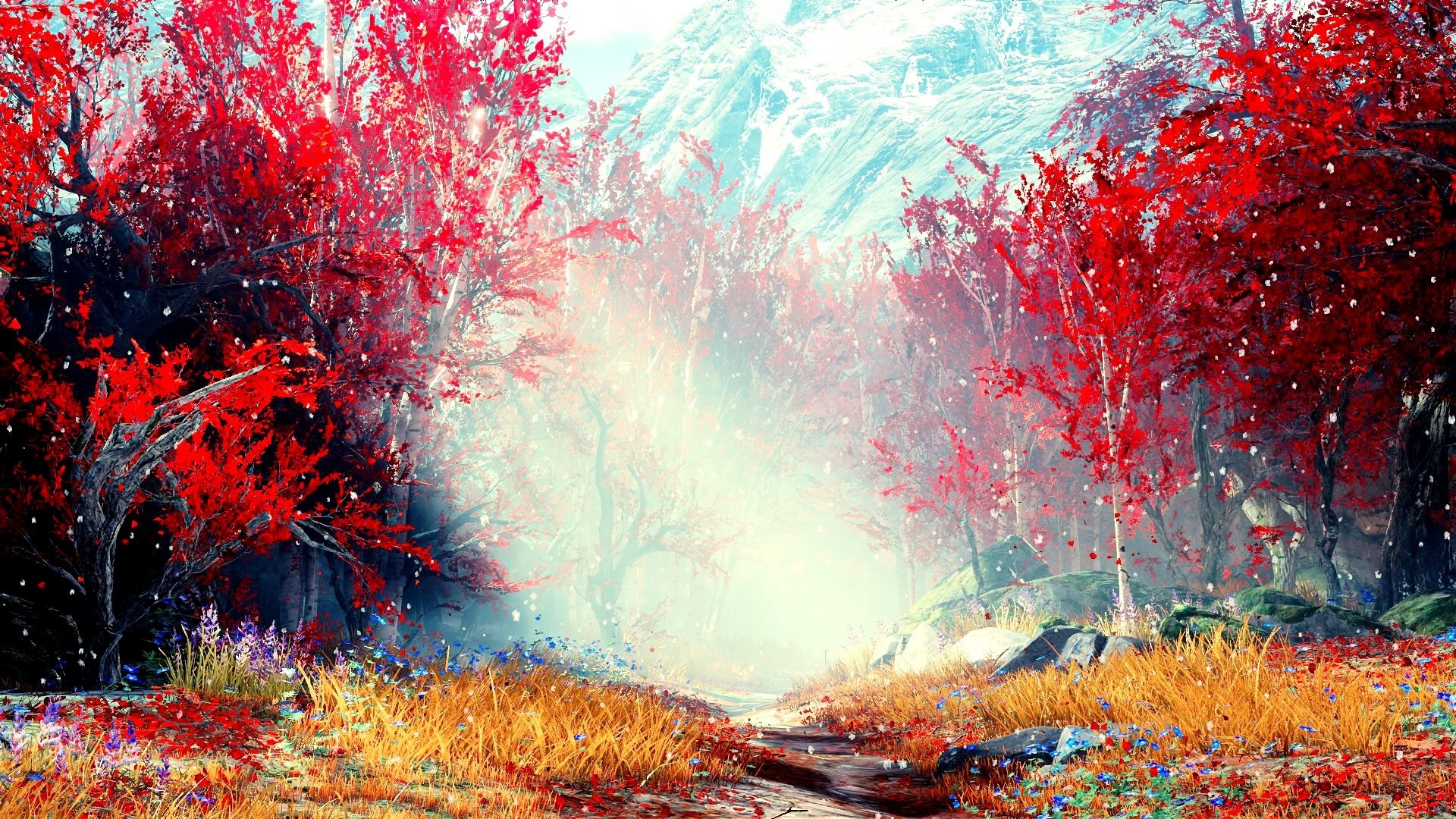 Artwork of a red forest with mountains HD Wallpaper