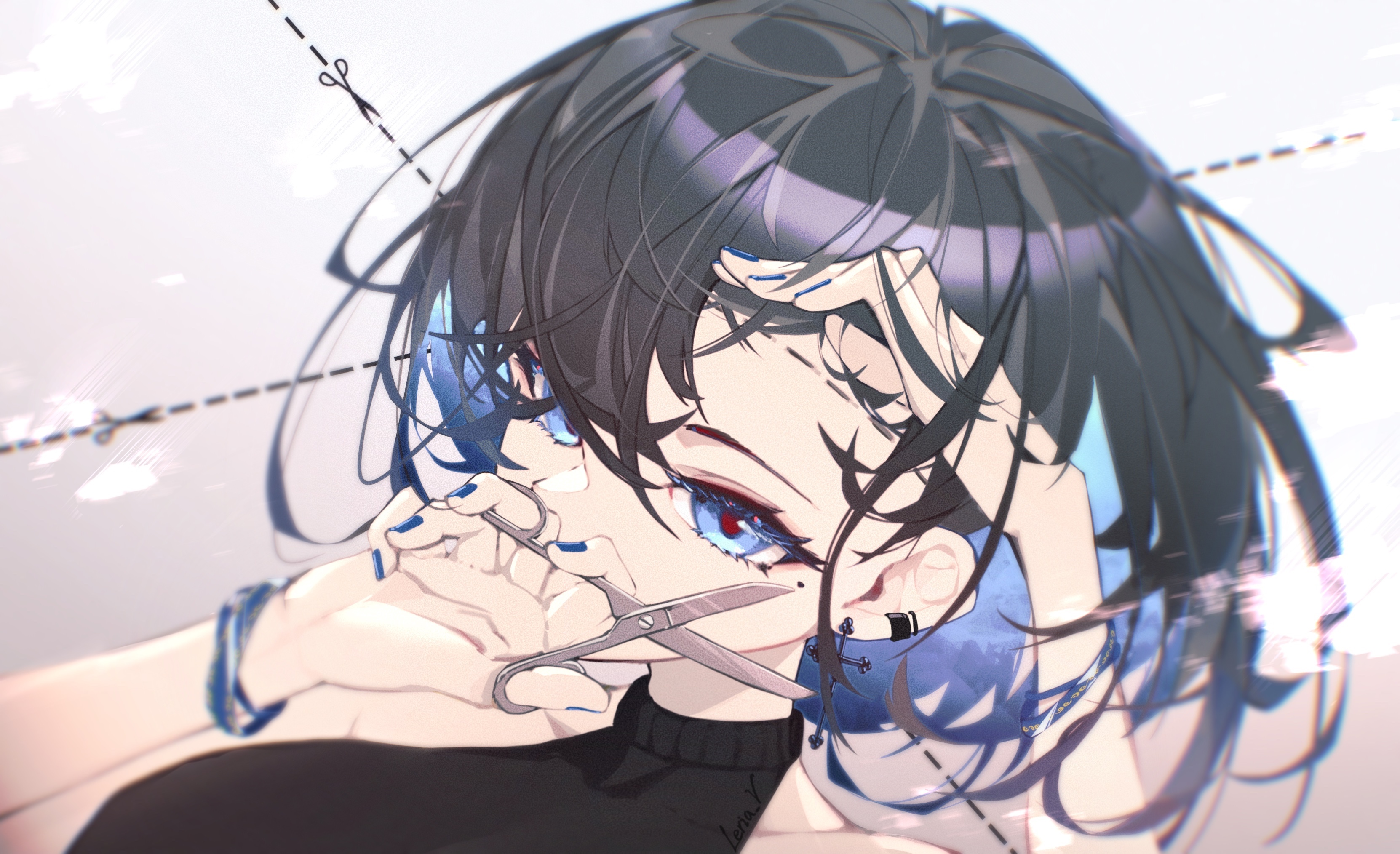 Anime girl with scissors and dark hair HD Wallpaper