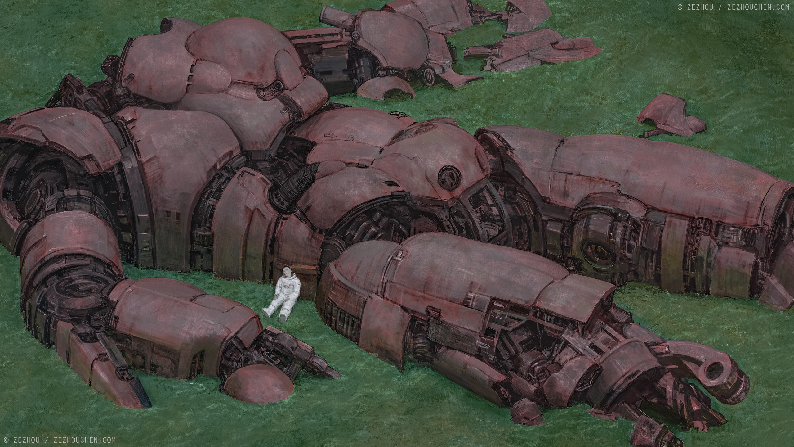 Giant broken robot lies in a grassy field with a person HD Wallpaper